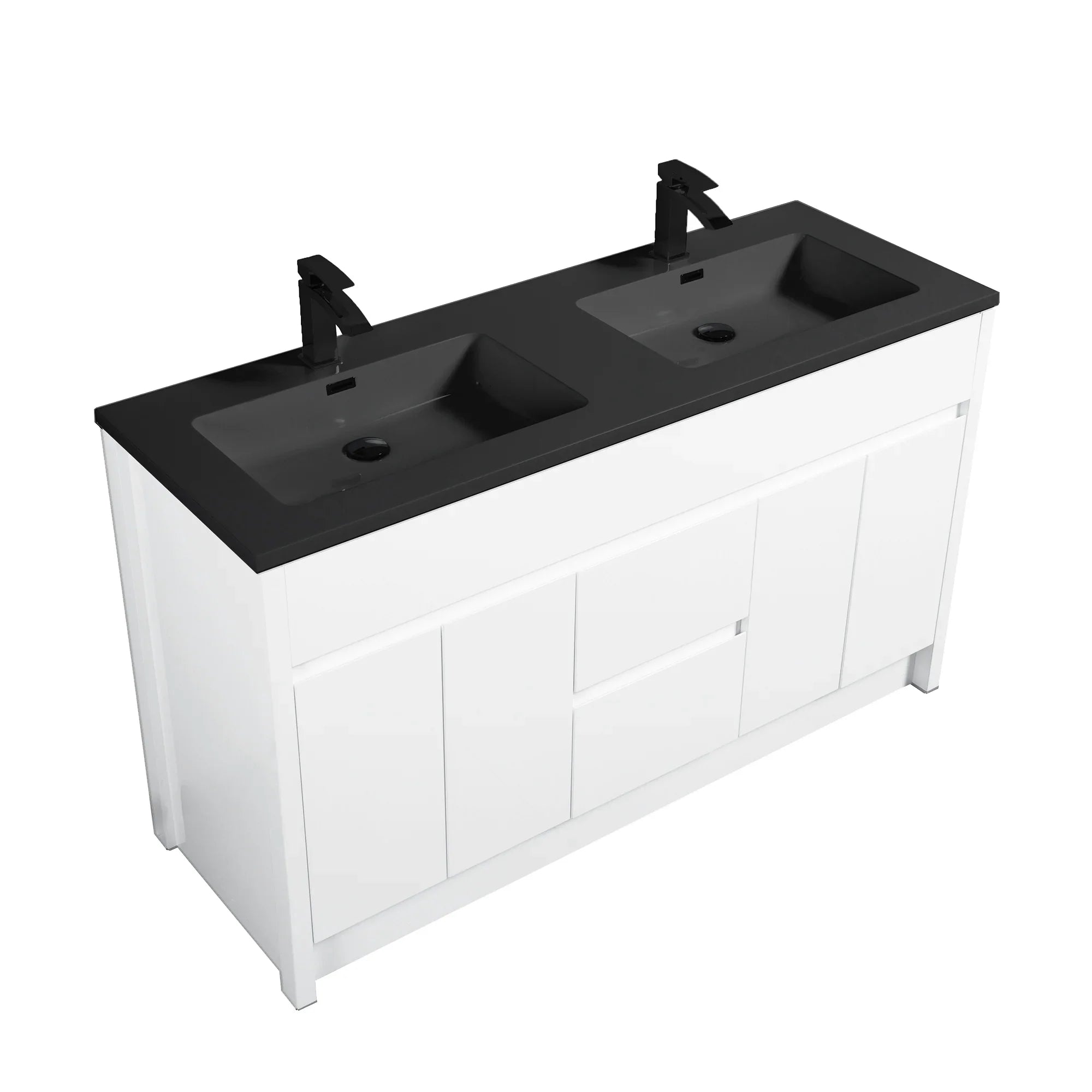 60" Matte White Freestanding Double Sink Bathroom Vanity with Black Engineered Quartz Countertop