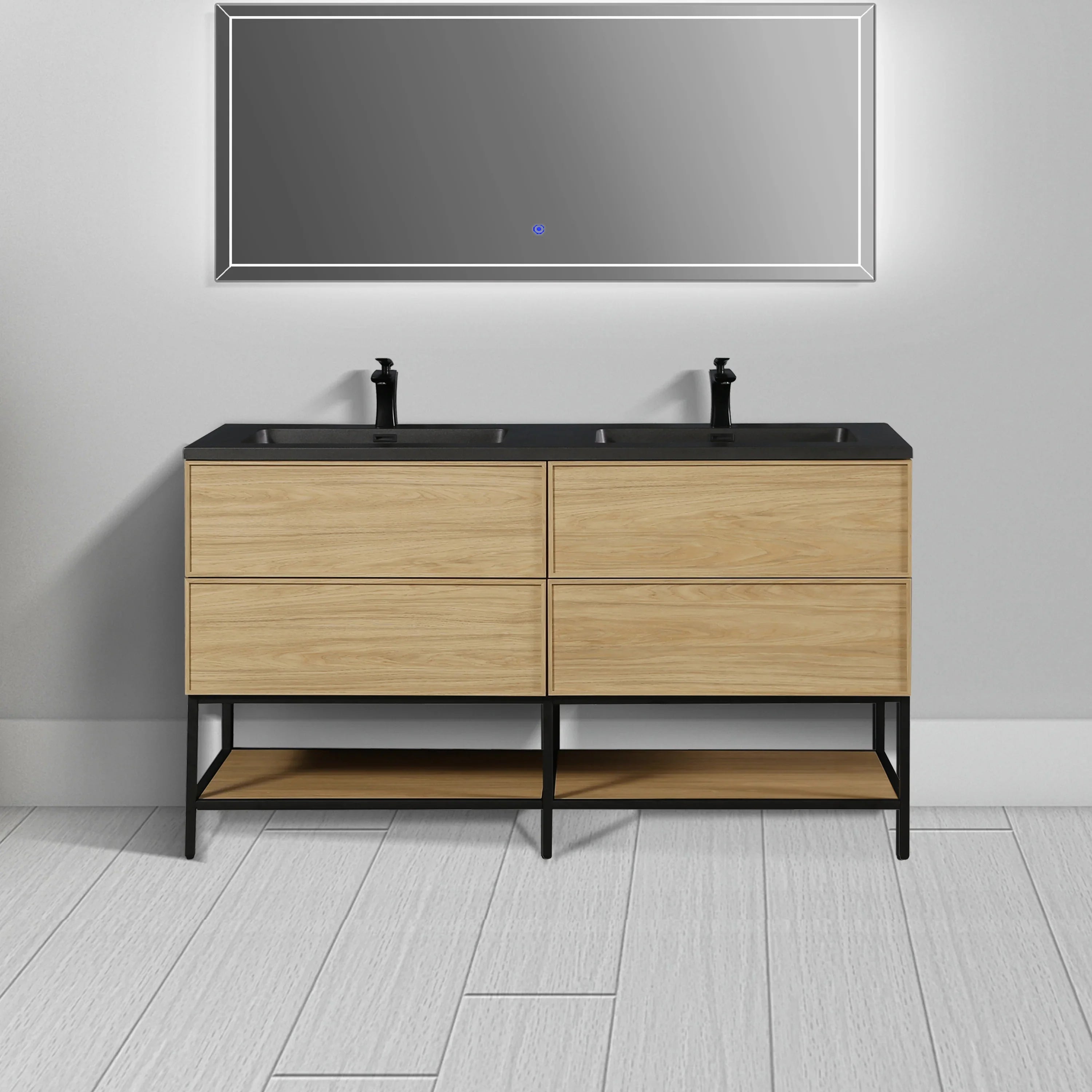 60" Sunset Walnut Wall Mount Double Sink Bathroom Vanity with Black Engineered Quartz Countertop