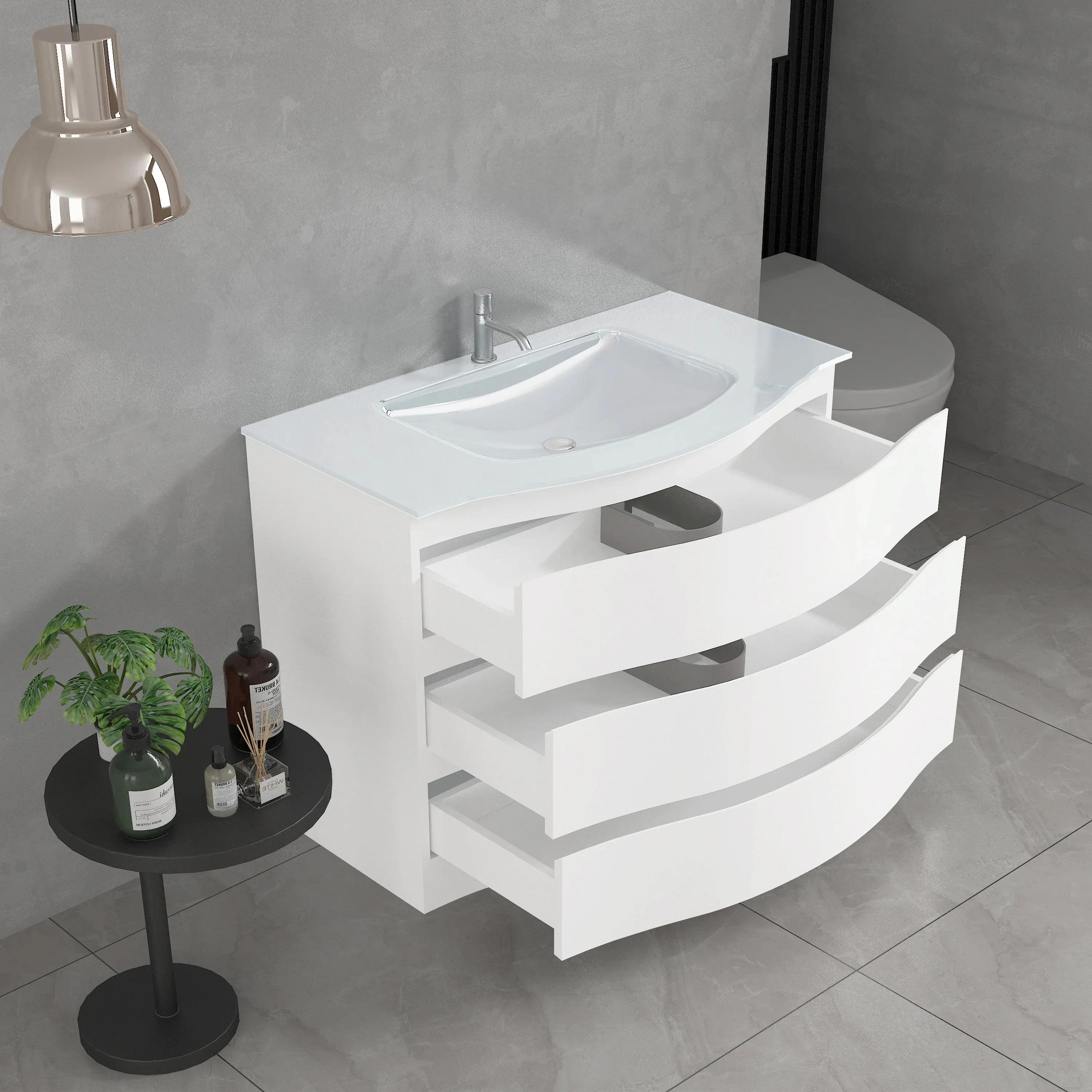 Meuble-Lavabo Autoportant 40po Blanc Mat avec Comptoir de Verre Blanc