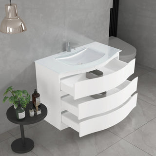 Meuble-Lavabo Autoportant 40po Blanc Mat avec Comptoir de Verre Blanc