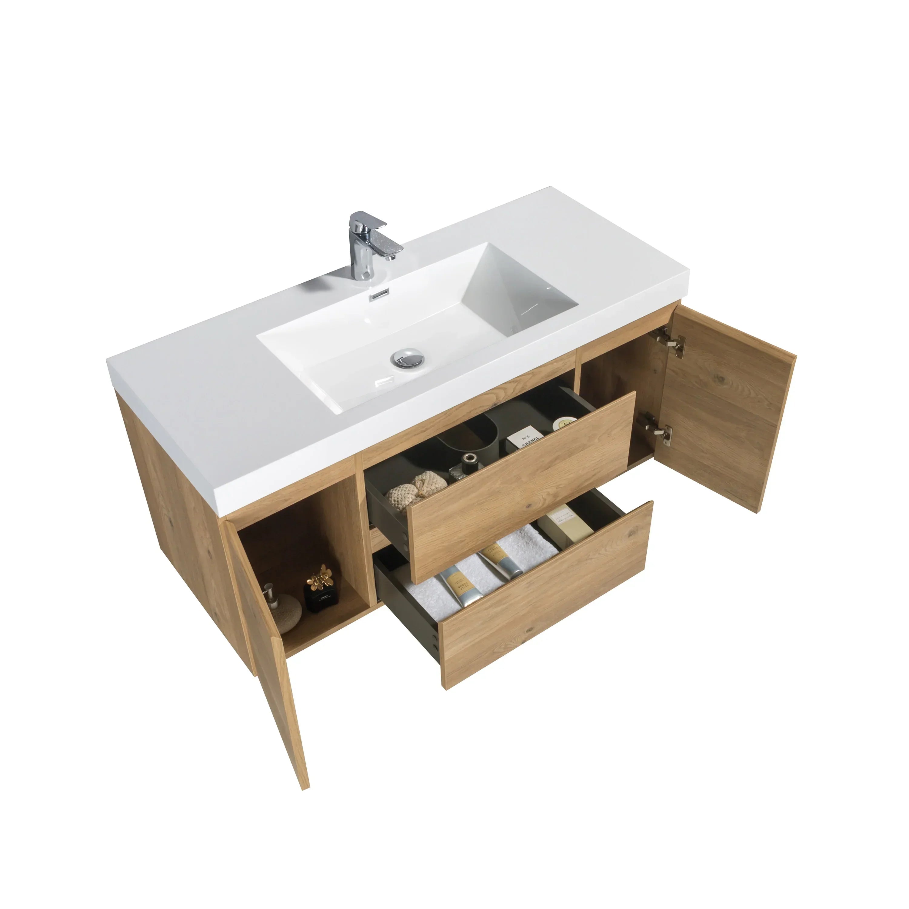 48" Rough Oak Wall Mount Single Sink Bathroom Vanity with White Polymarble Countertop - KD
