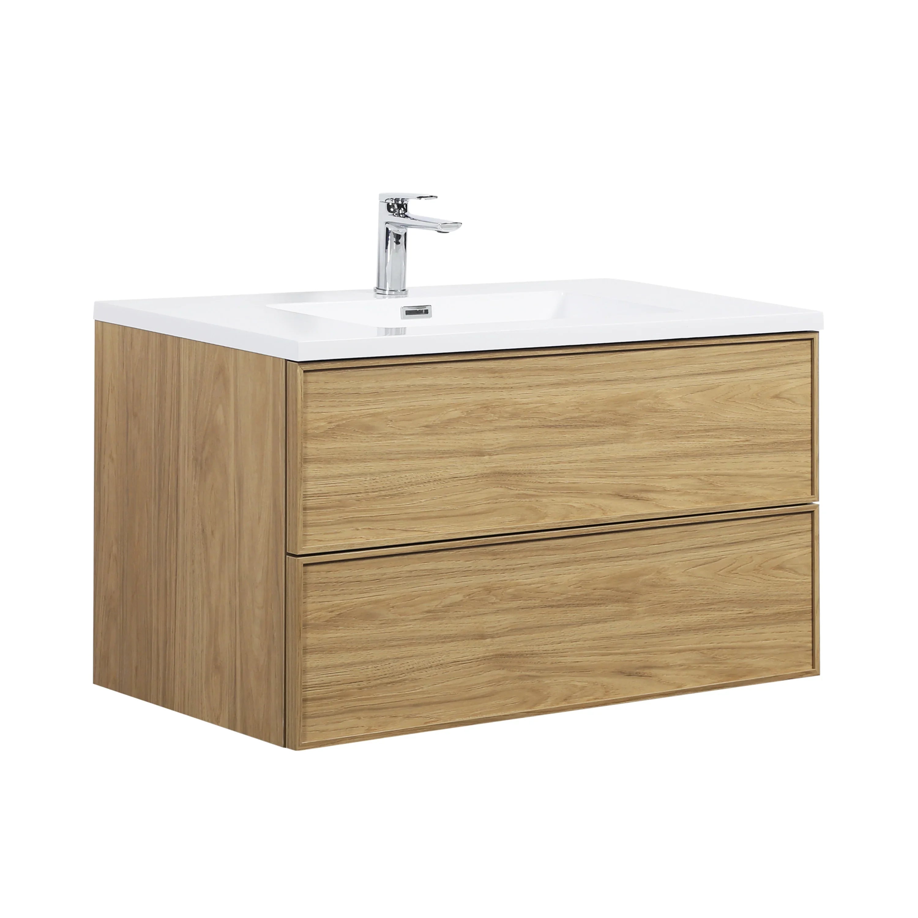 Meuble Lavabo Flottant 36po Noyer Couchant avec Comptoir Polymarbre Blanc - Collection Luxe
