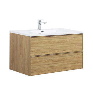 Meuble-Lavabo Mural 36po Noyer Couchant avec Comptoir de Polymarbre Blanc