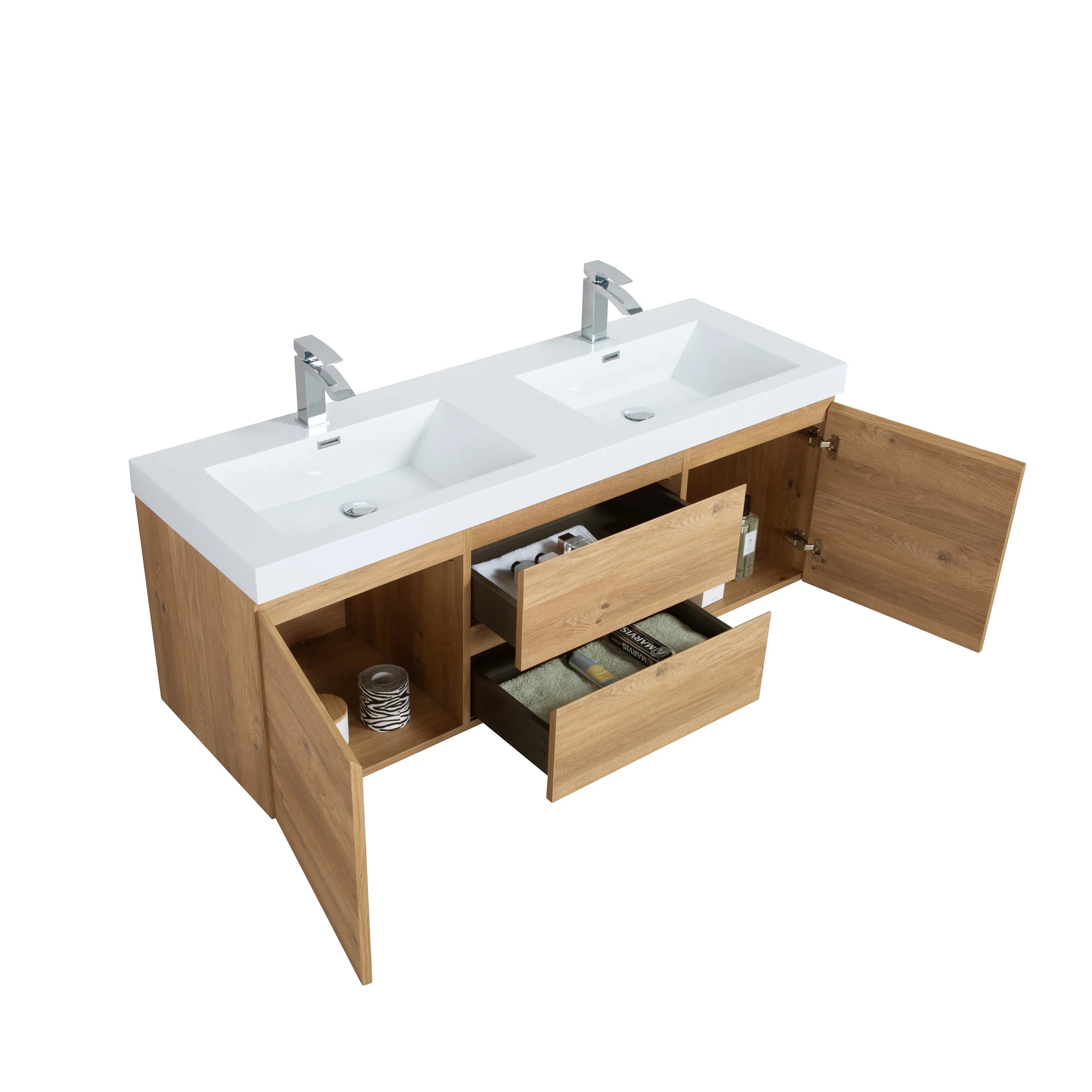 60" Rough Oak Wall Mount Double Sink Bathroom Vanity with White Polymarble Countertop