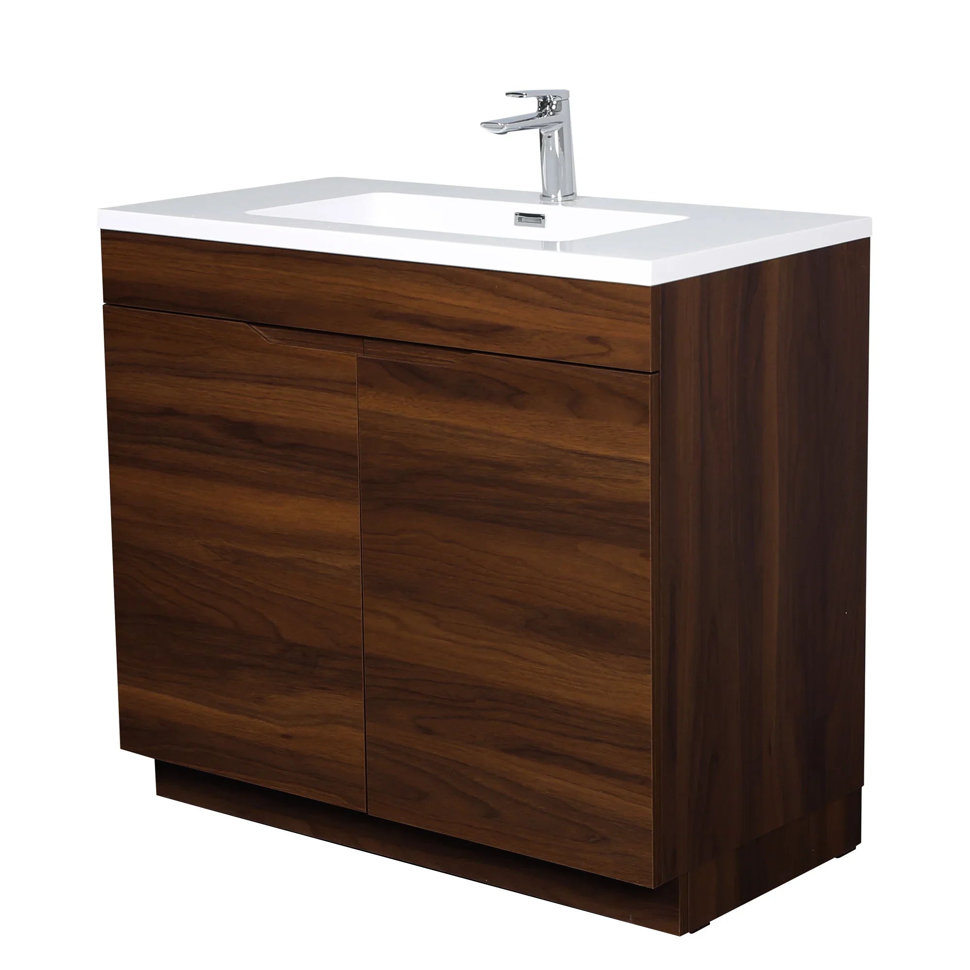 36" Walnut Freestanding Bathroom Vanity with White Polymarble Countertop