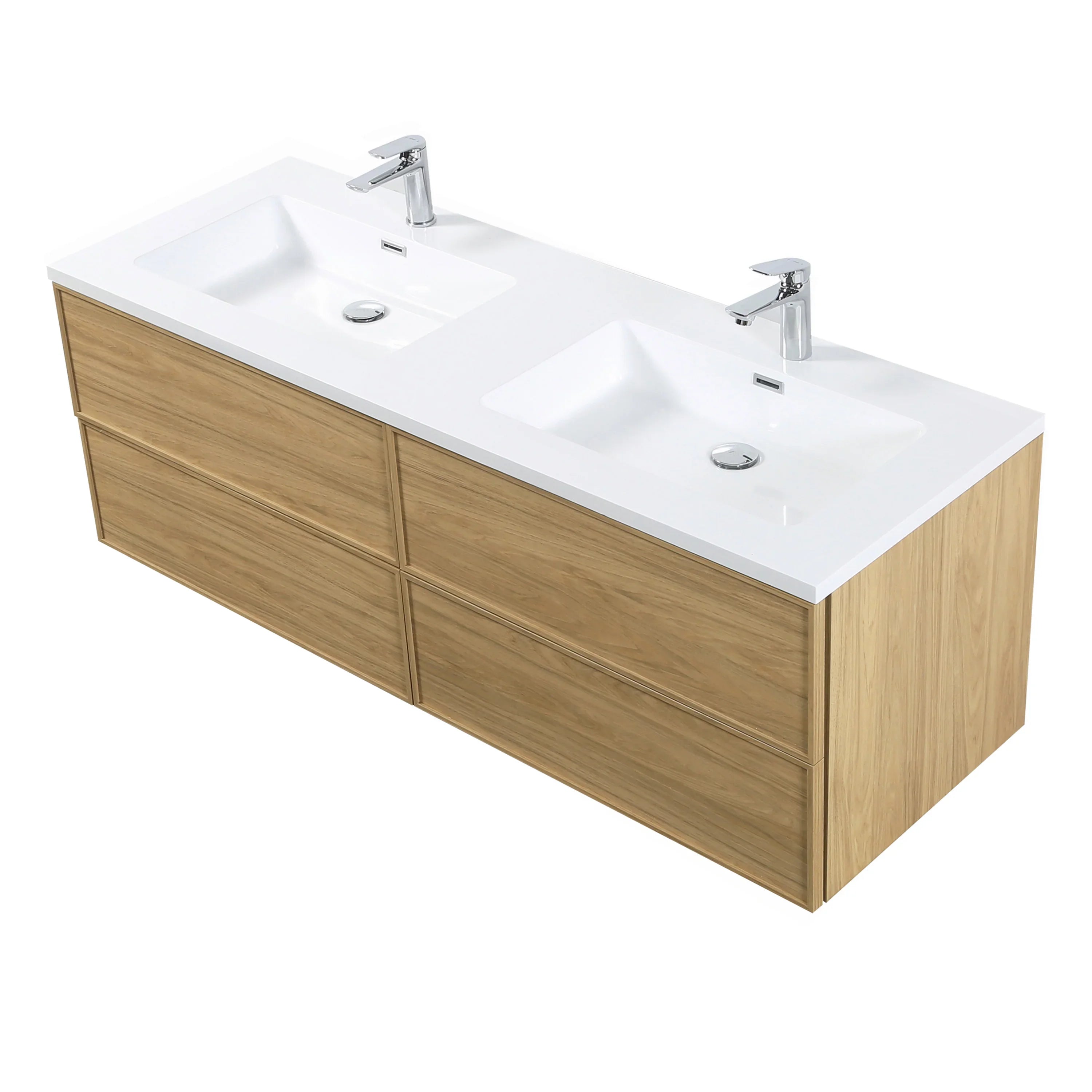 Meuble Lavabo Mural 60 pouces Noyer Couchant Double Vasque avec Comptoir Polymarbre Blanc