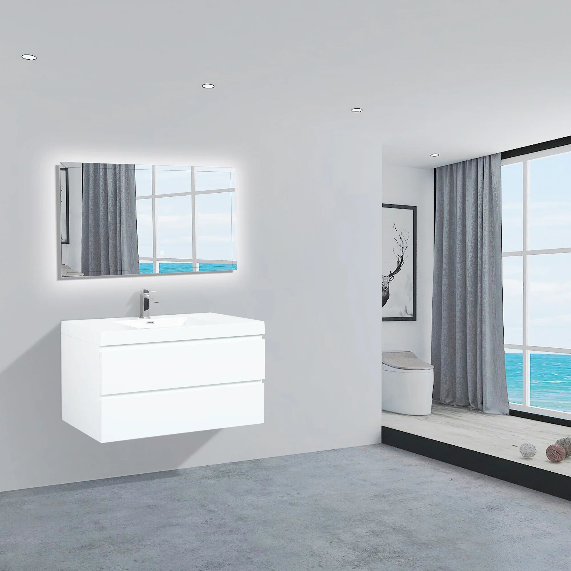 42" Glossy White Wall Mount Bathroom Vanity with White Polymarble Countertop