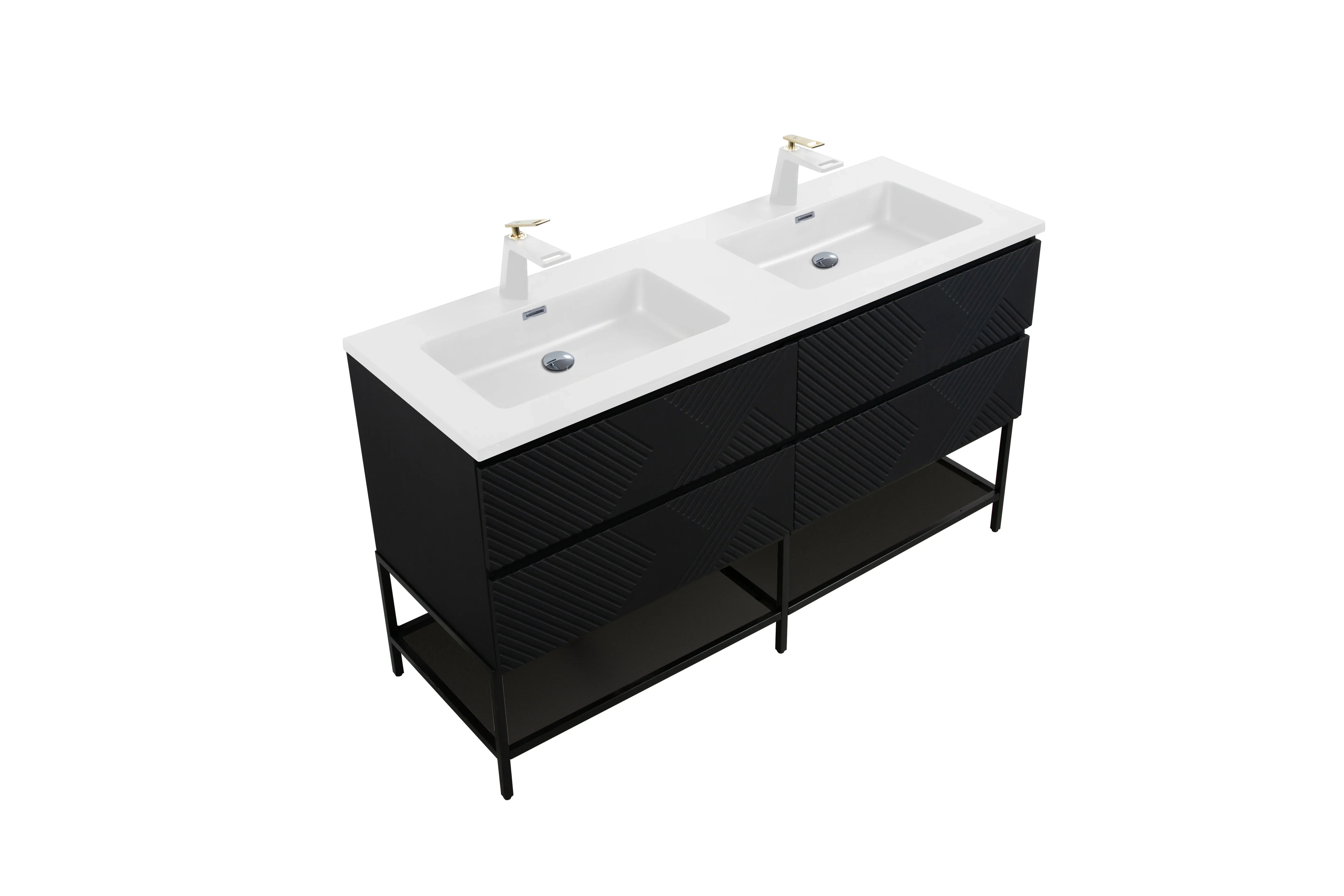 Meuble-lavabo mural noir 60" avec Comptoir en polymarbre blanc