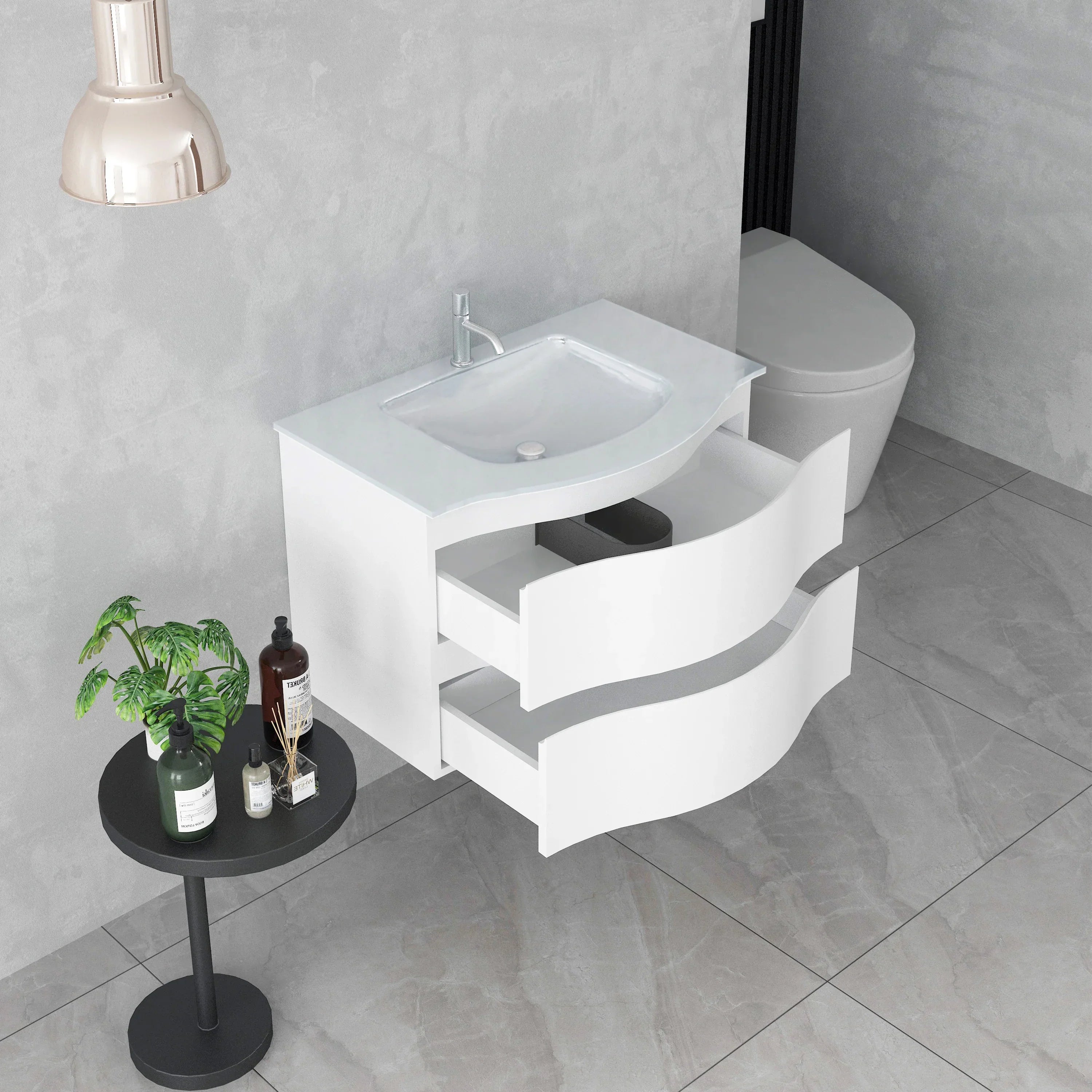 Meuble-Lavabo Mural 30po Blanc Mat avec Comptoir de Verre Blanc
