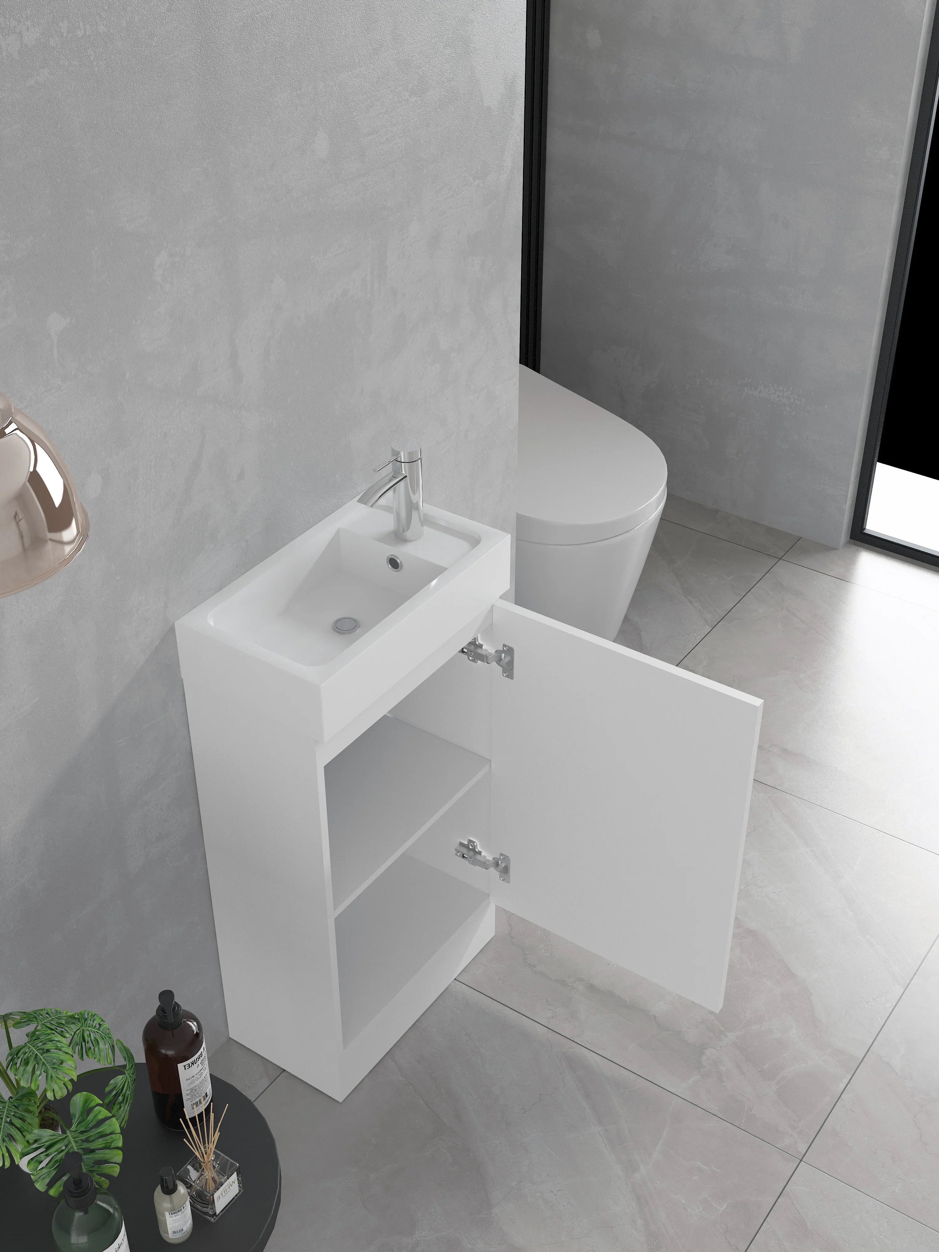 Meuble-Lavabo Autoportant 18po Blanc Mat avec Comptoir en Pierre d'ingénierie