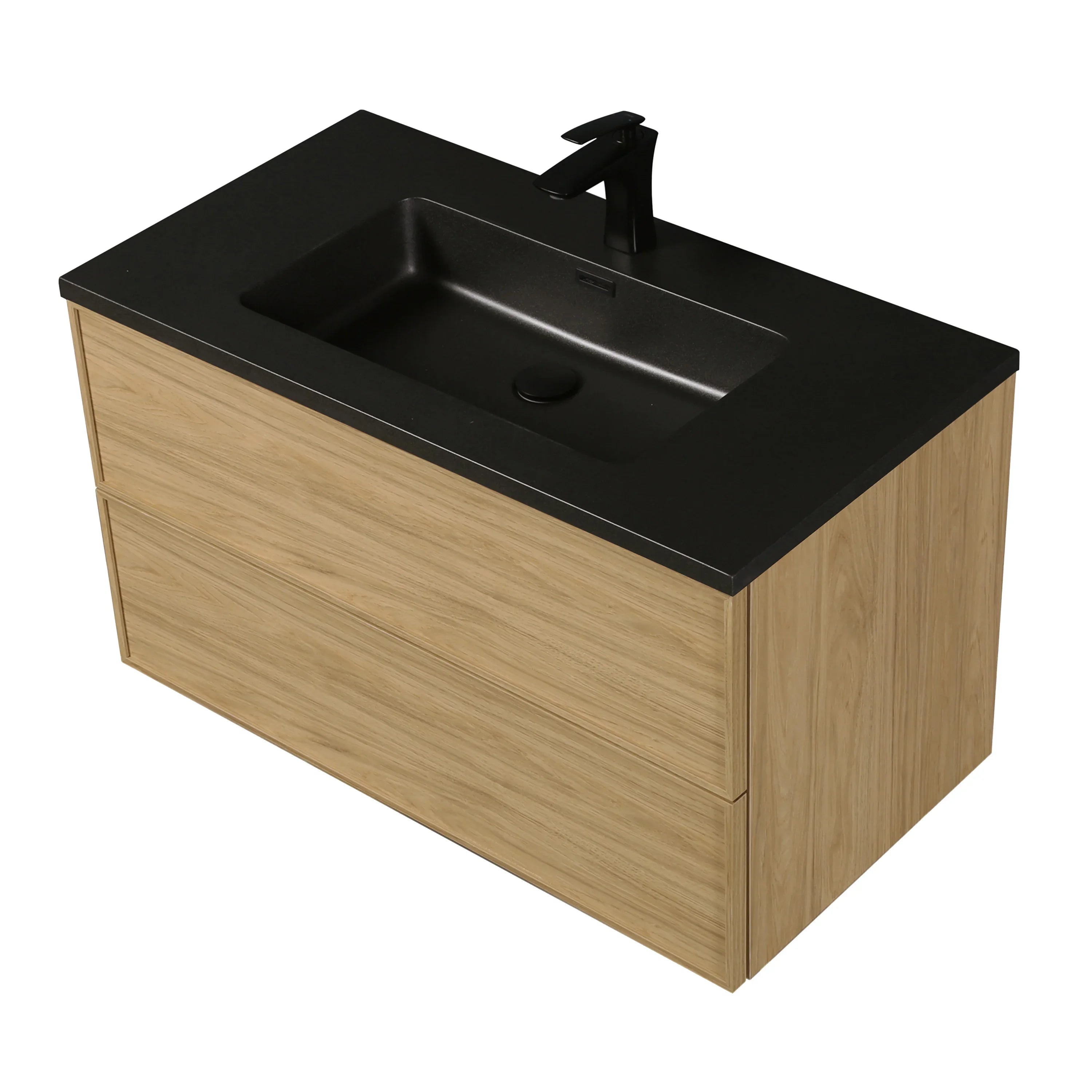 Meuble Lavabo Mural 36 pouces Noyer Couchant avec Comptoir Quartz Noir - Collection Luxe