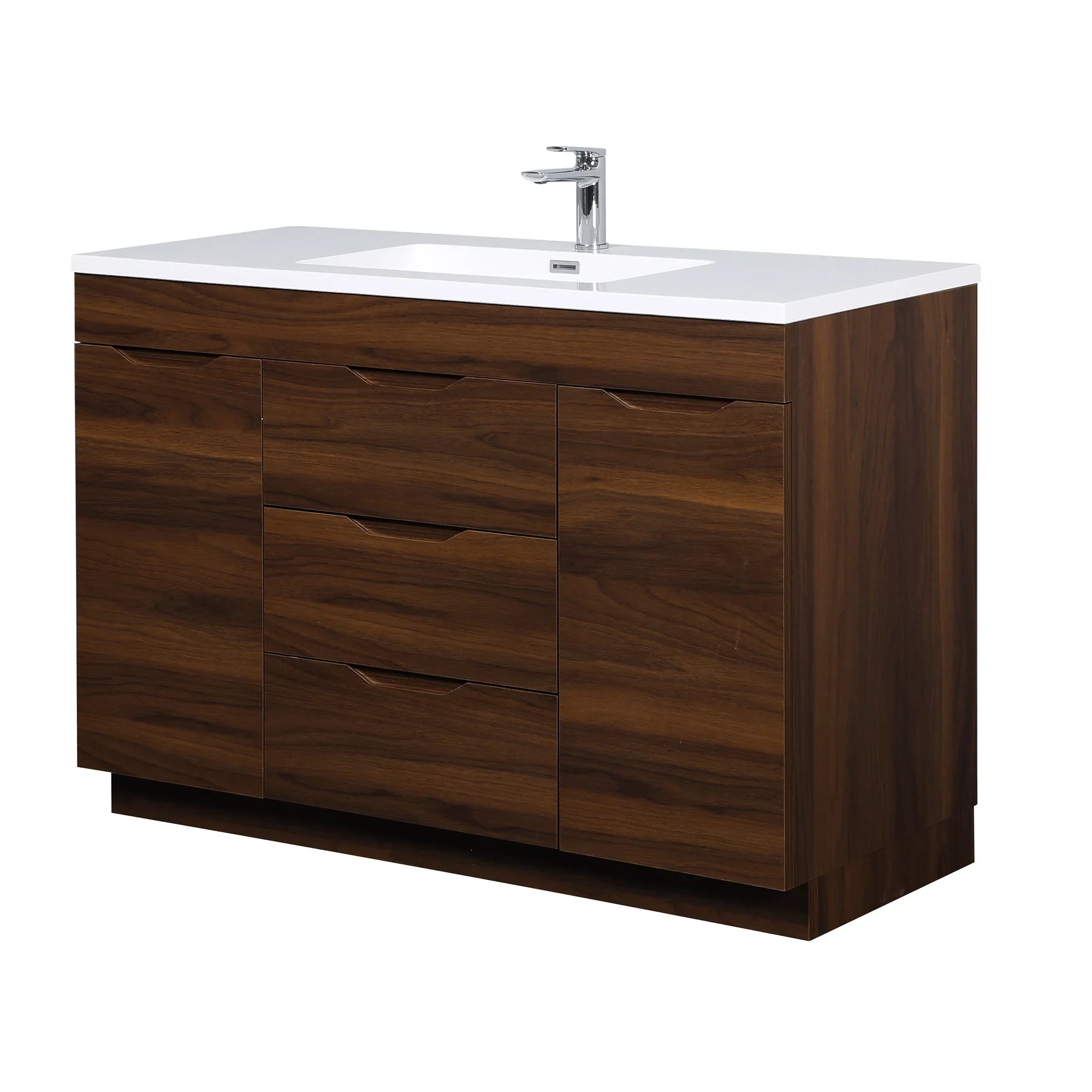 48" Walnut Freestanding Single Sink Bathroom Vanity with White Polymarble Countertop