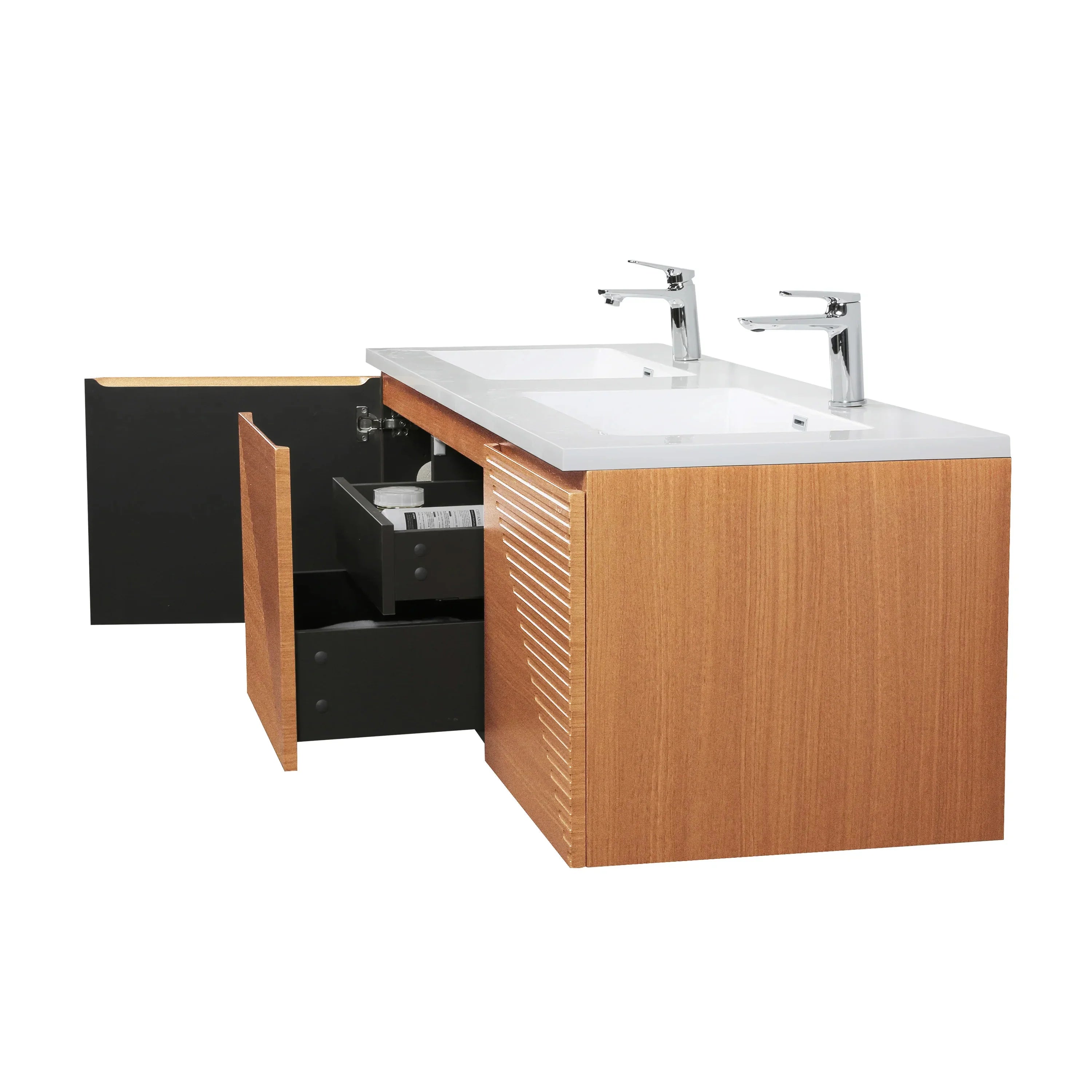 60" Light Oak Wall-Mounted Double Sink Bathroom Vanity with White Polymarble Countertop