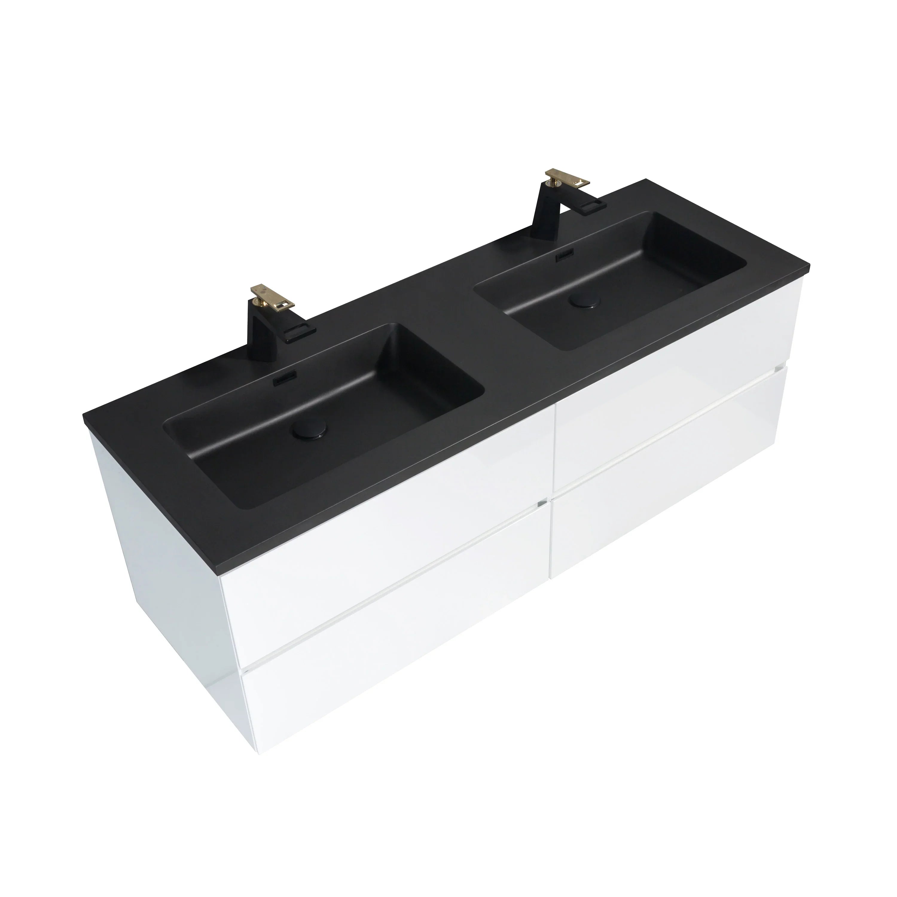 60" White Wall Mount Double Sink Bathroom Vanity with Black Engineered Quartz Countertop