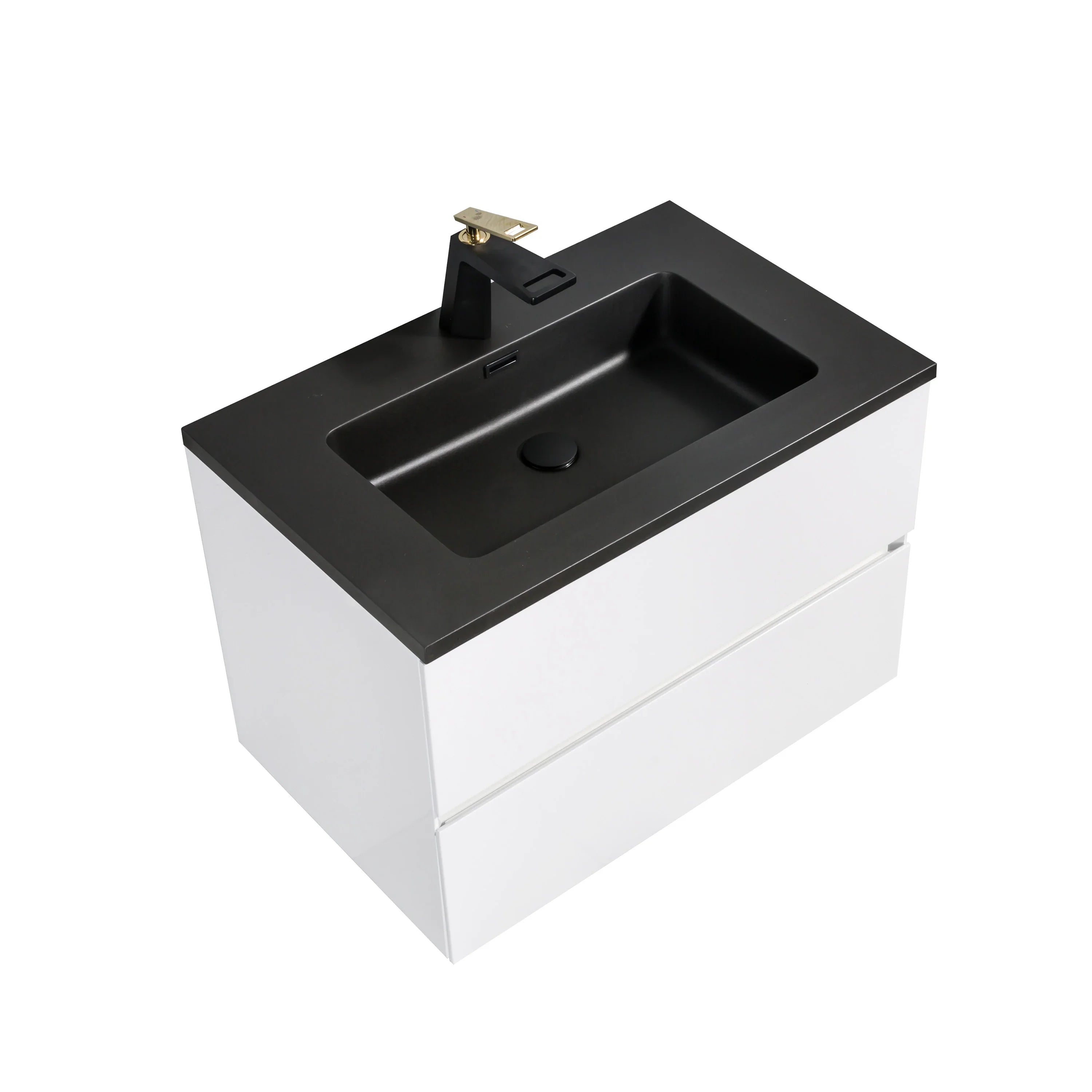 30" White Wall Mount Bathroom Vanity with Black Engineered Quartz Countertop