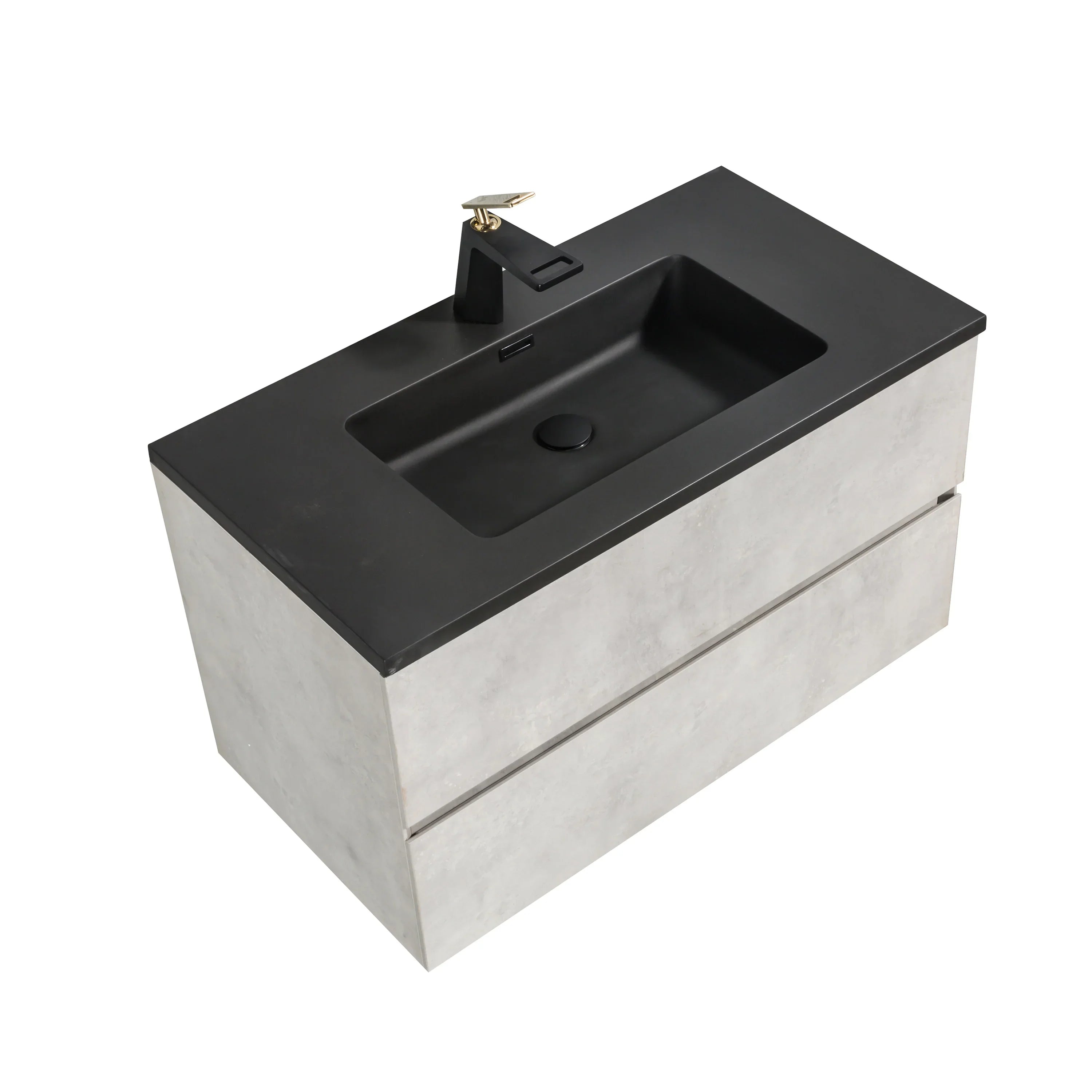 36" Grey Wall Mount Single Sink Bathroom Vanity with Black Engineered Quartz Countertop