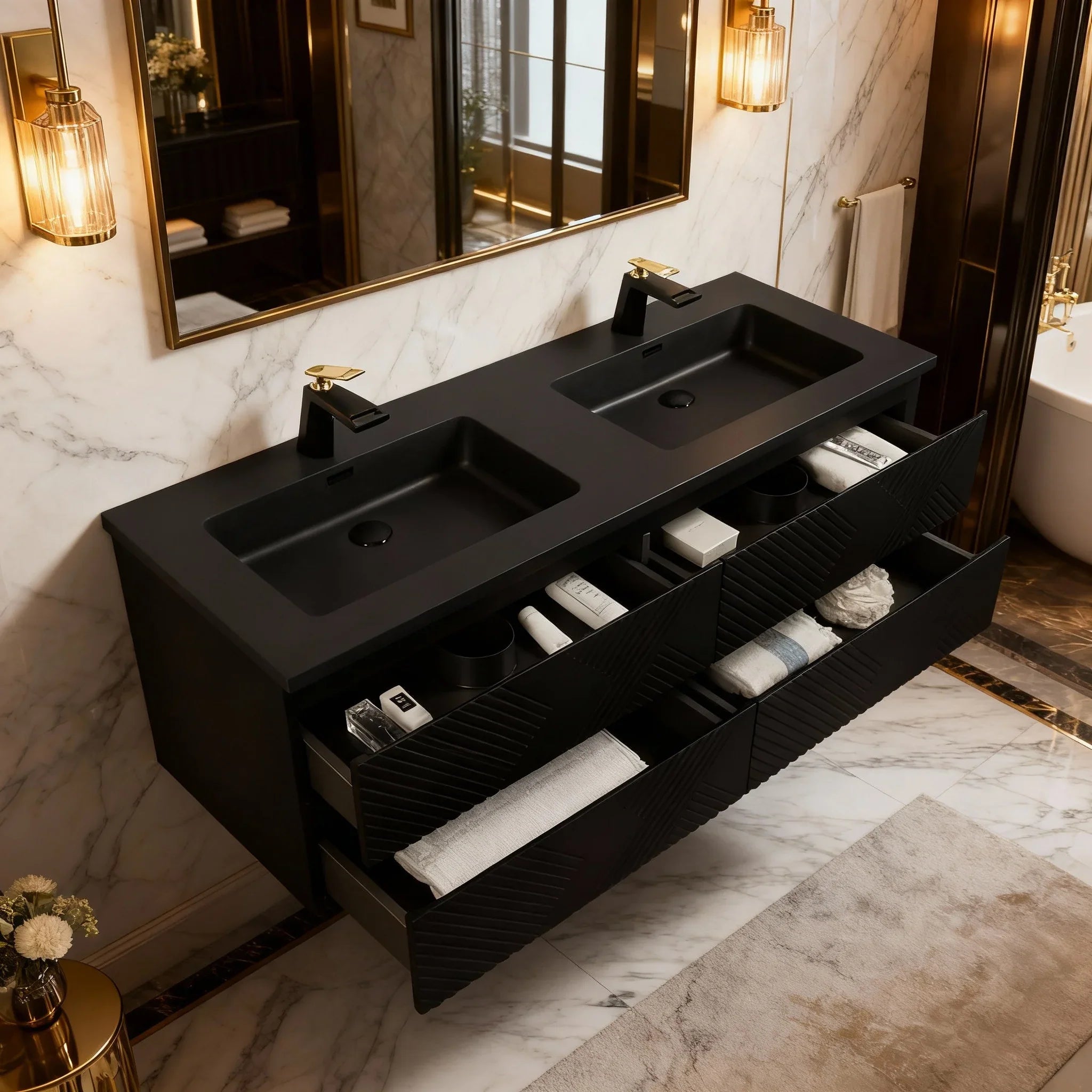 Meuble-lavabo mural noir 60" avec Comptoir en quartz technique noir