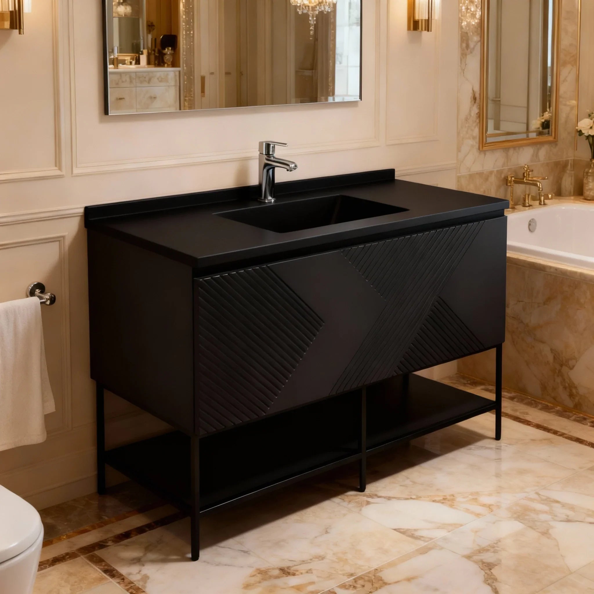 Meuble-Lavabo Mural 48po Noir avec Comptoir de Quartz d'ingénierie Noir