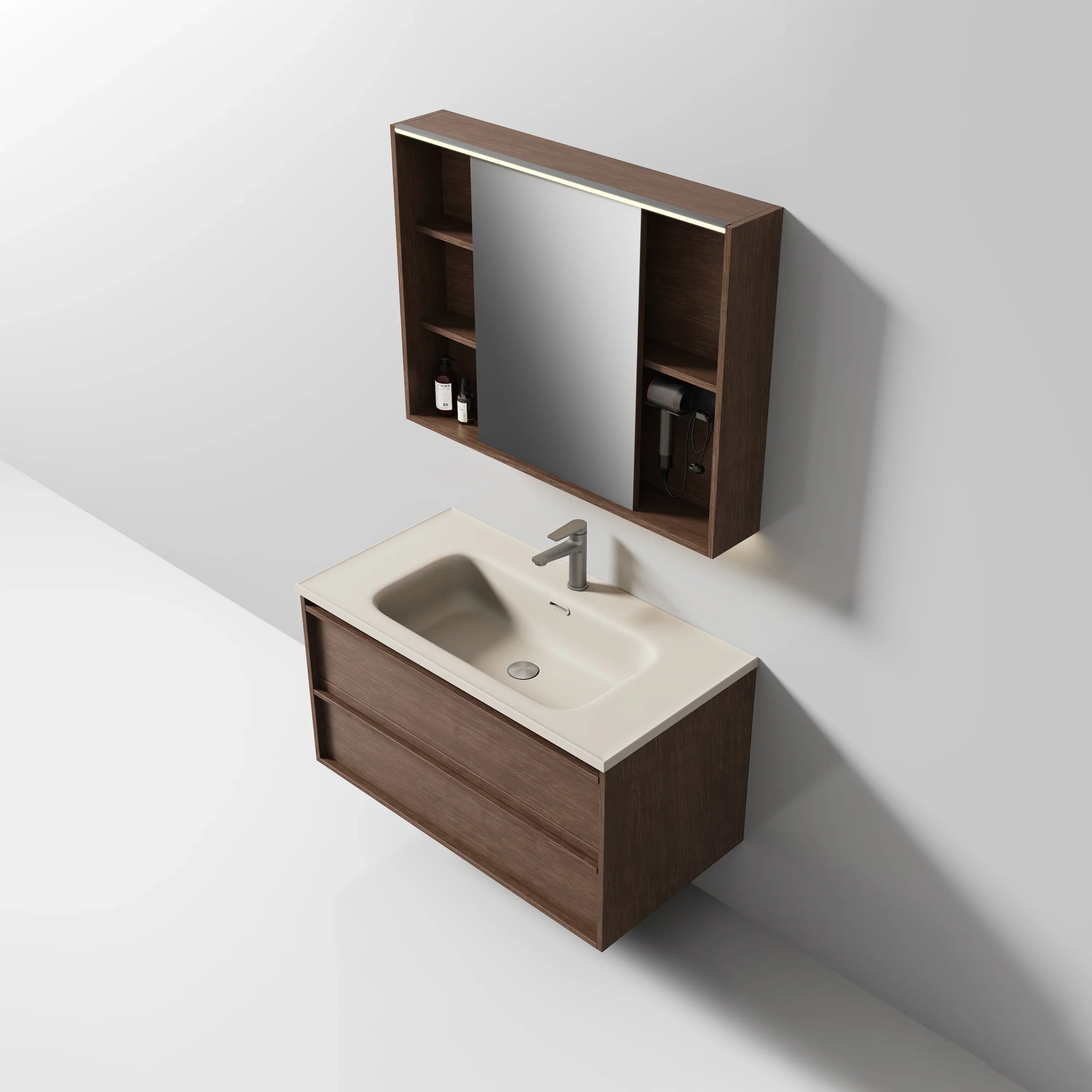 40" Hazelnut Wall Hung Vanity with Taupe Nano Solid Surface Integrated Countertop with Pop-up