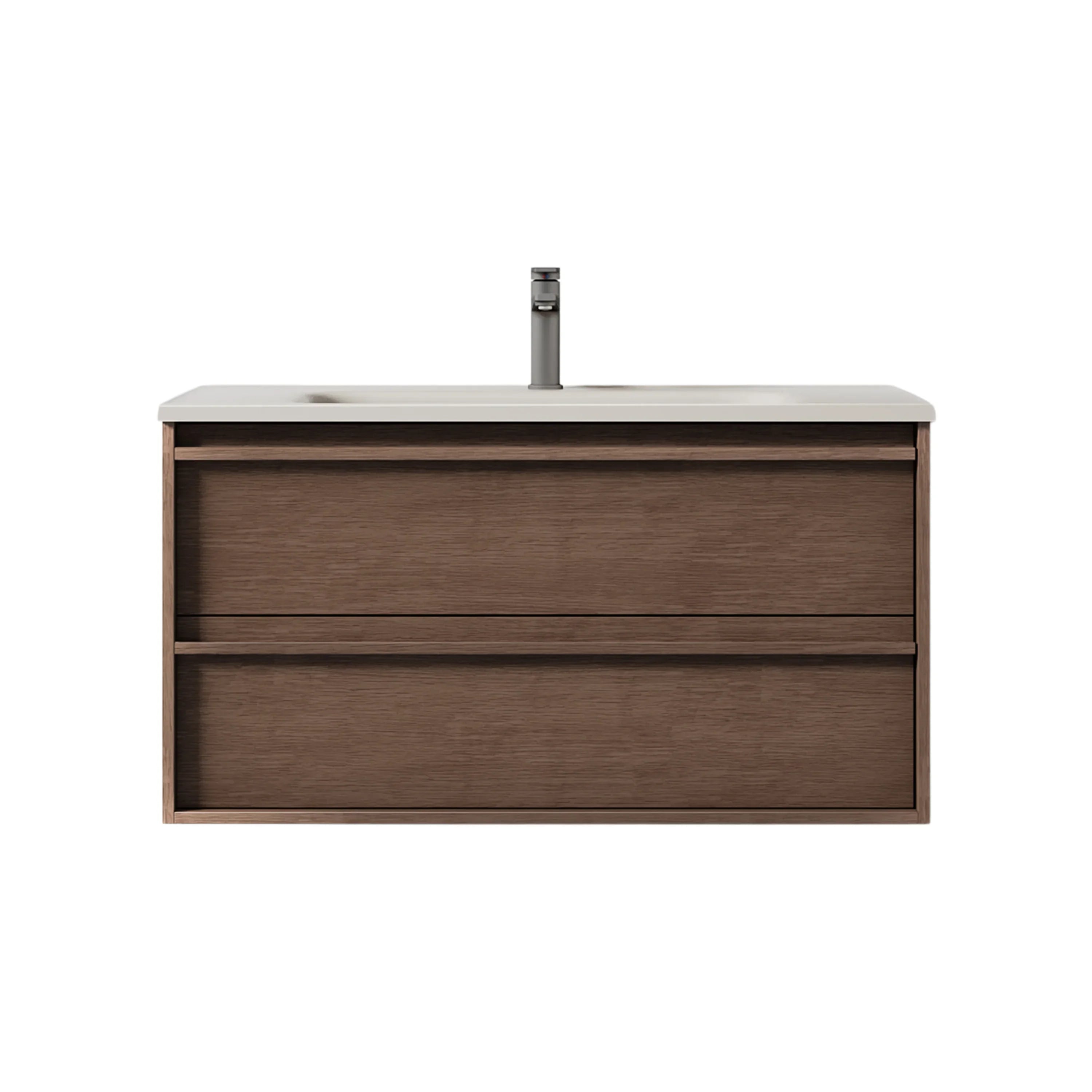 40" Hazelnut Wall Hung Vanity with Taupe Nano Solid Surface Integrated Countertop with Pop-up
