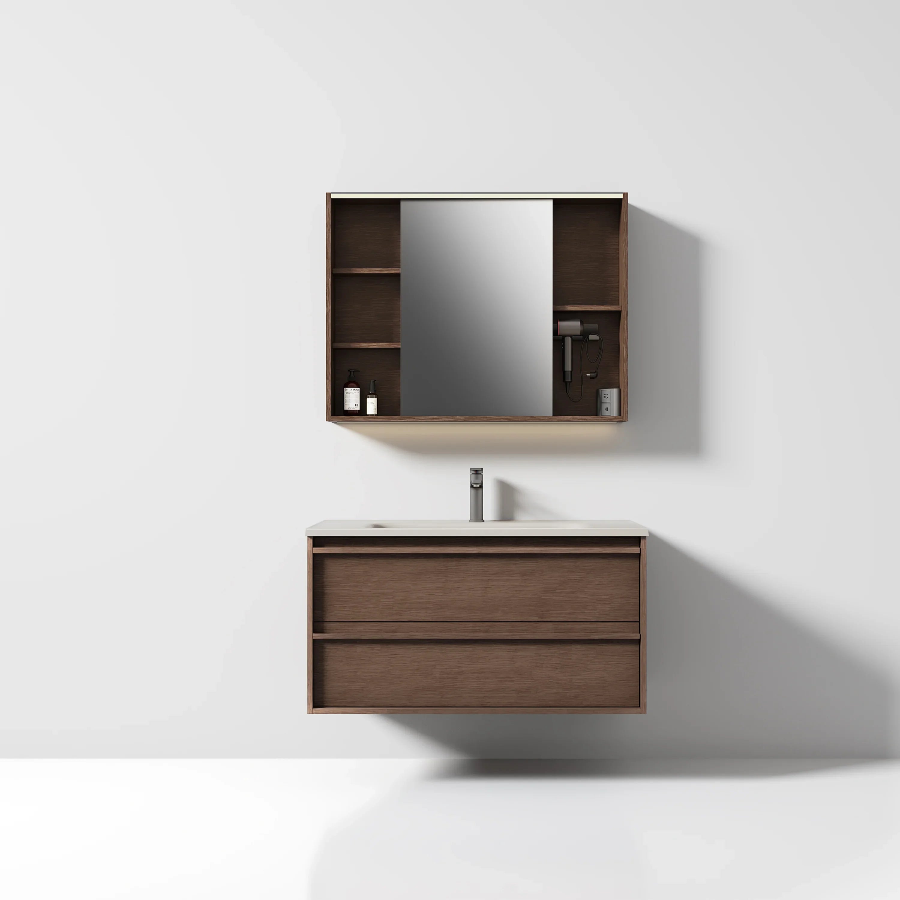 40" Hazelnut Wall Hung Vanity with Taupe Nano Solid Surface Integrated Countertop with Pop-up
