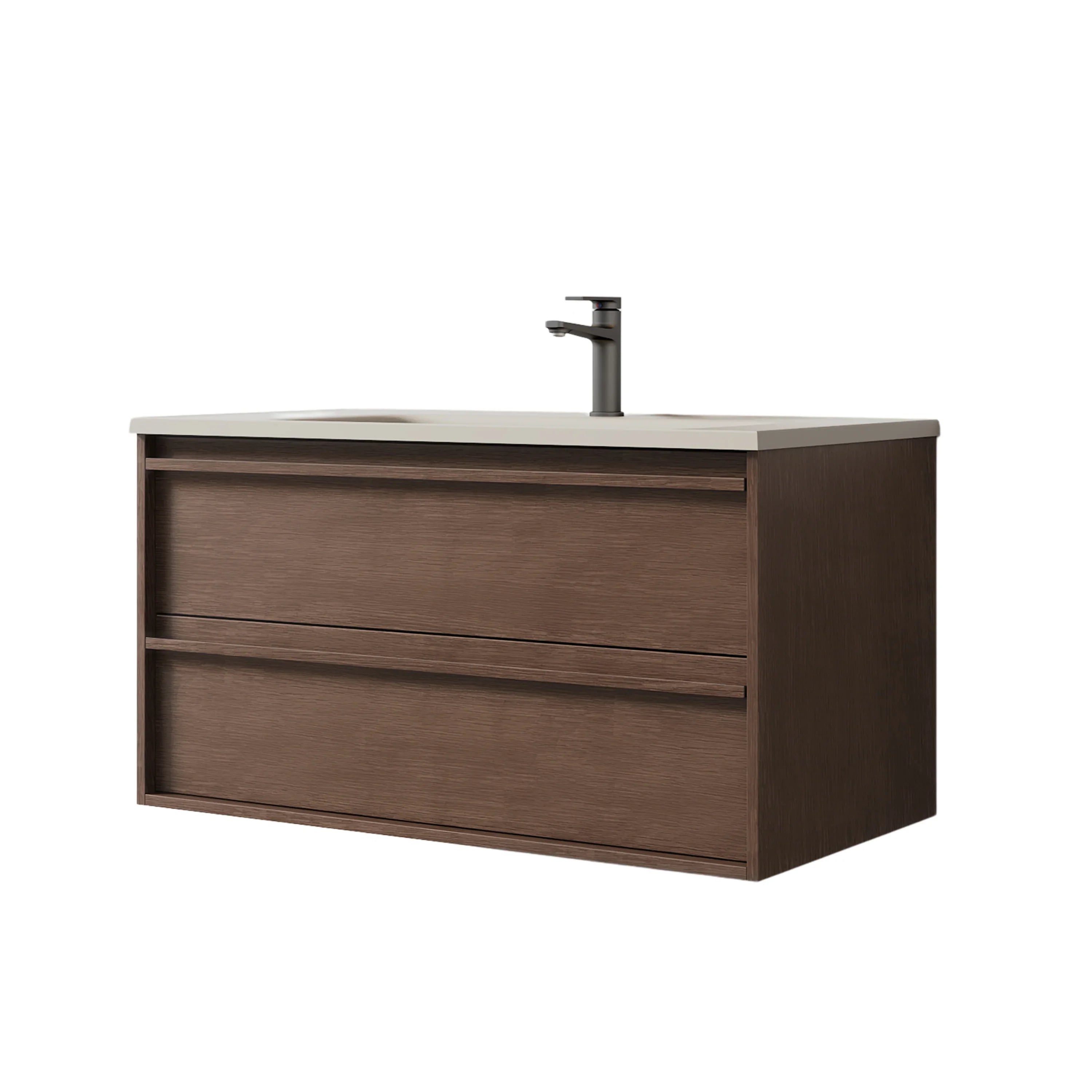40" Hazelnut Wall Hung Vanity with Taupe Nano Solid Surface Integrated Countertop with Pop-up