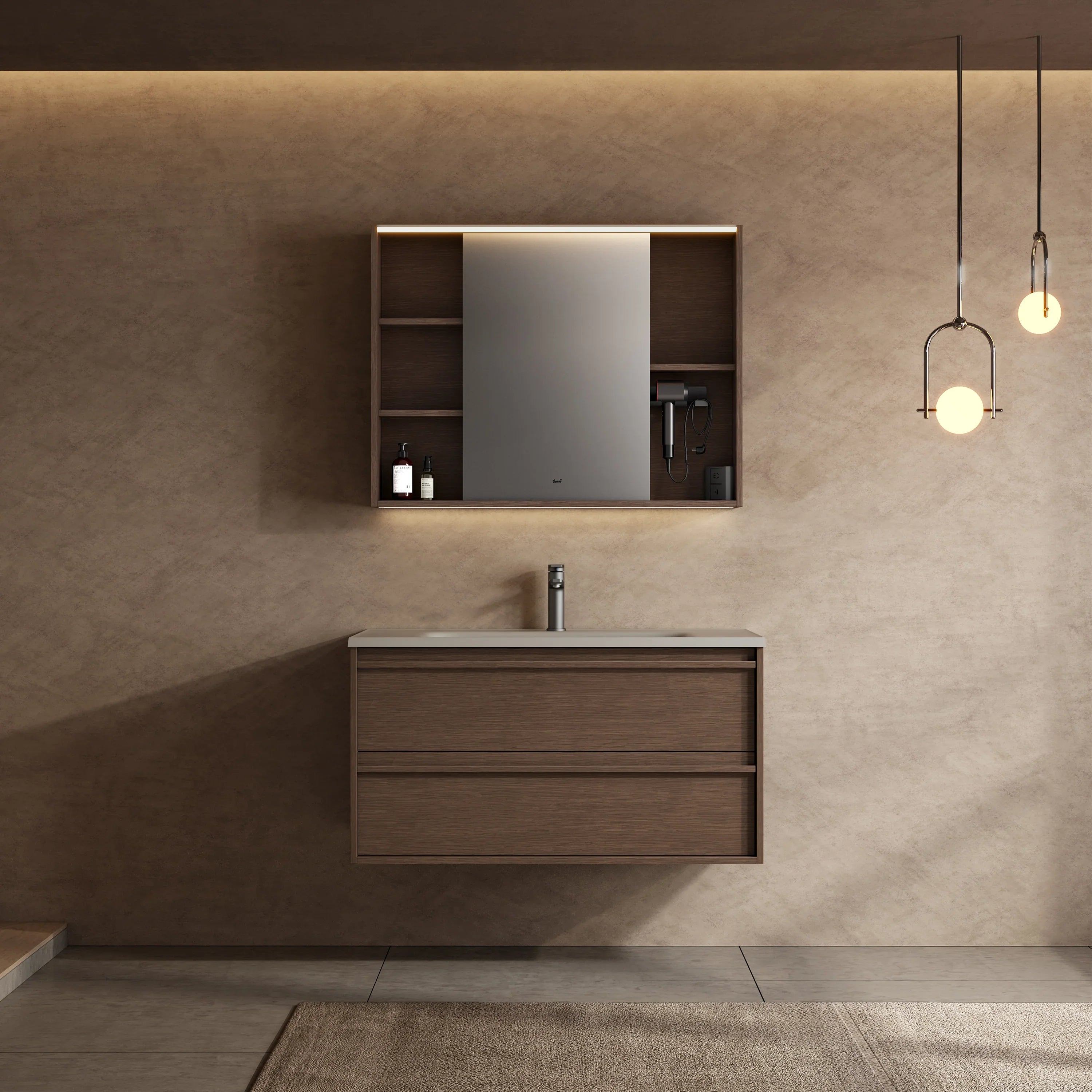 Meuble-lavabo Flottant en Noisette 40 po avec Comptoir Intégré en Surface Solide Nano Taupe avec Pop-up