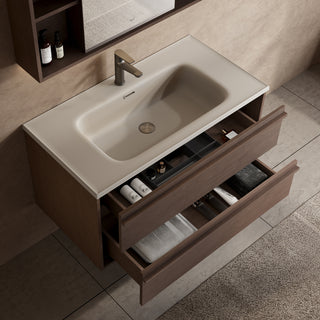 Meuble-lavabo Flottant en Noisette 40 po avec Comptoir Intégré en Surface Solide Nano Taupe avec Pop-up