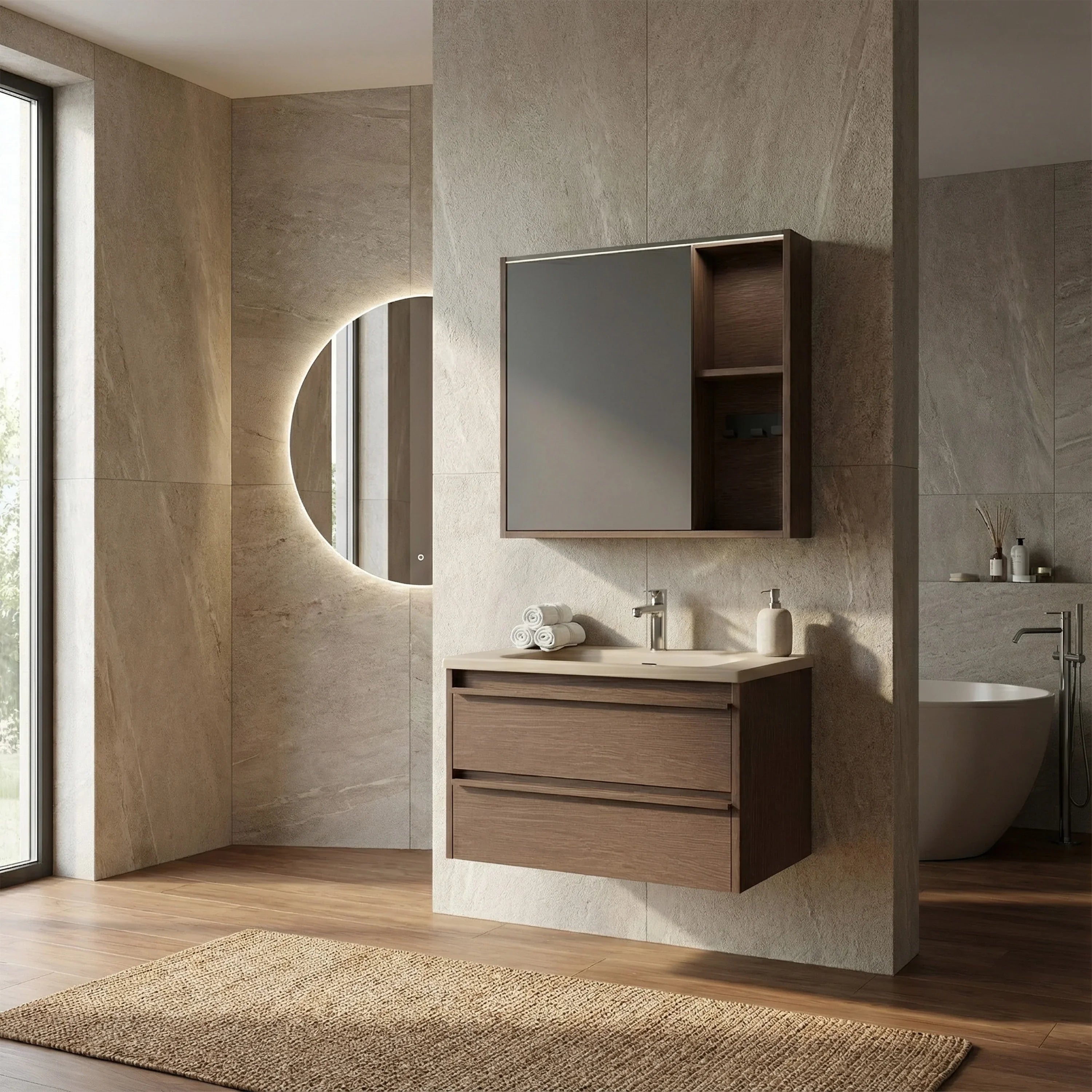 Armoire à pharmacie DEL 40po en noisette avec portes à fermeture douce