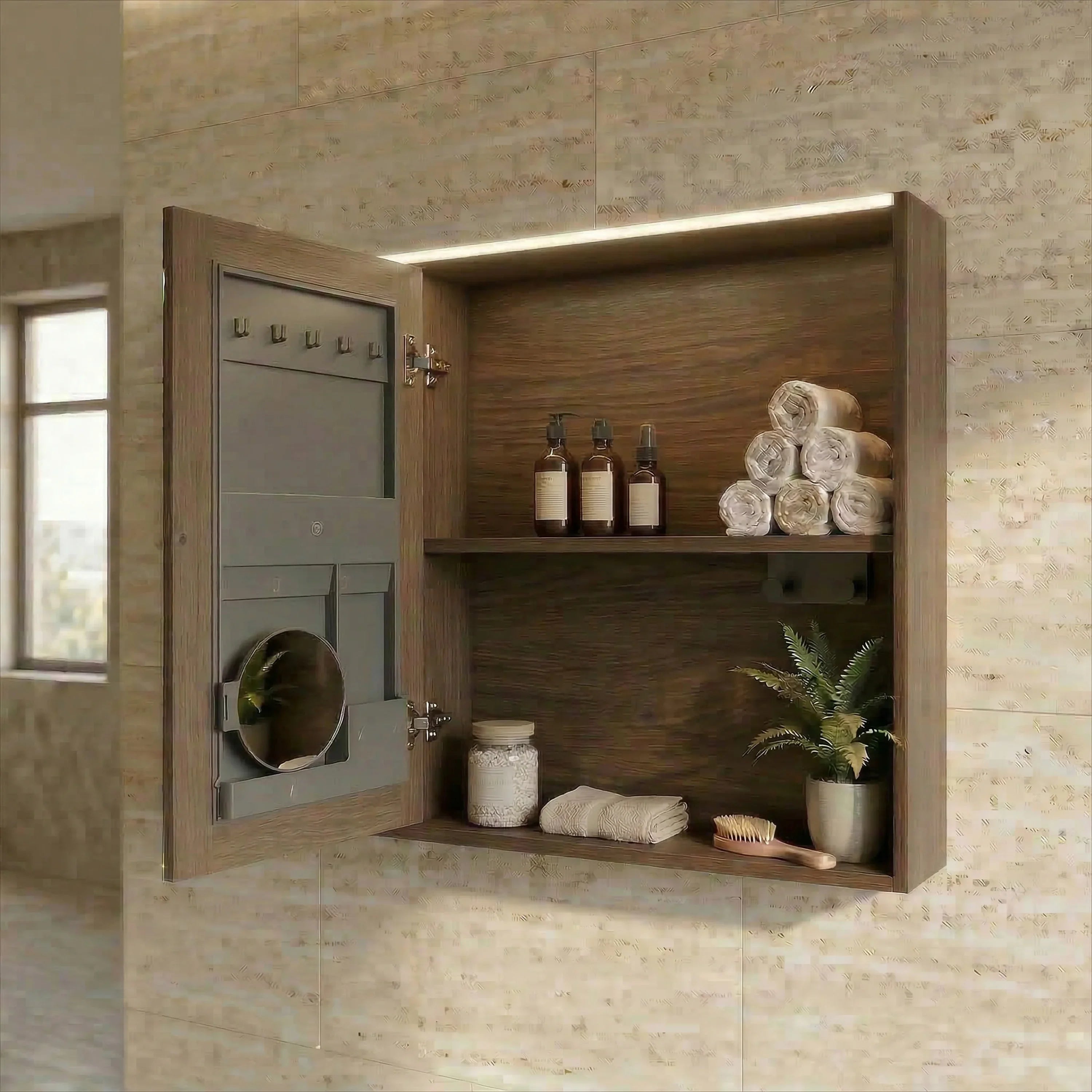 Armoire à pharmacie DEL 40po en noisette avec portes à fermeture douce