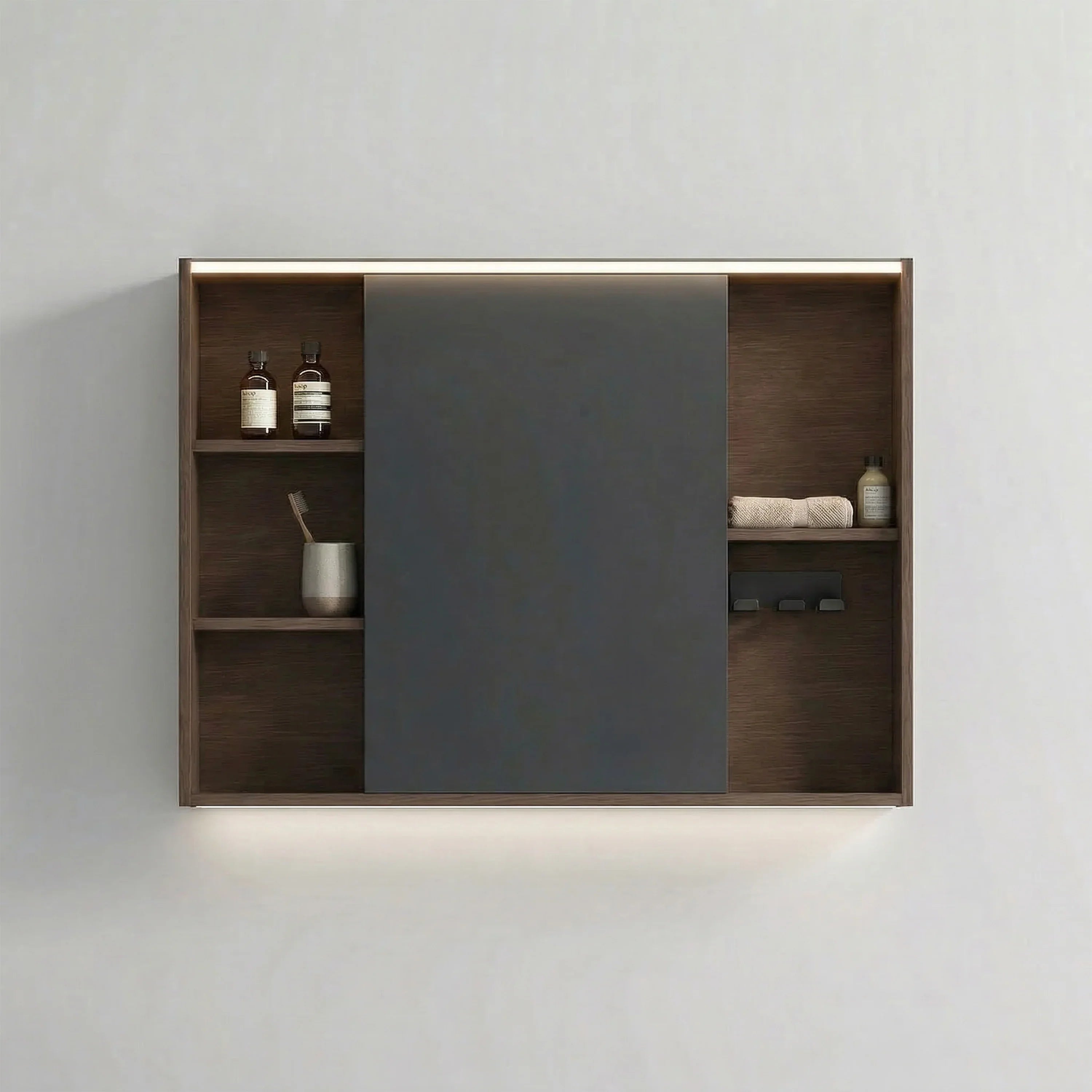 Armoire à pharmacie DEL 40po en noisette avec portes à fermeture douce