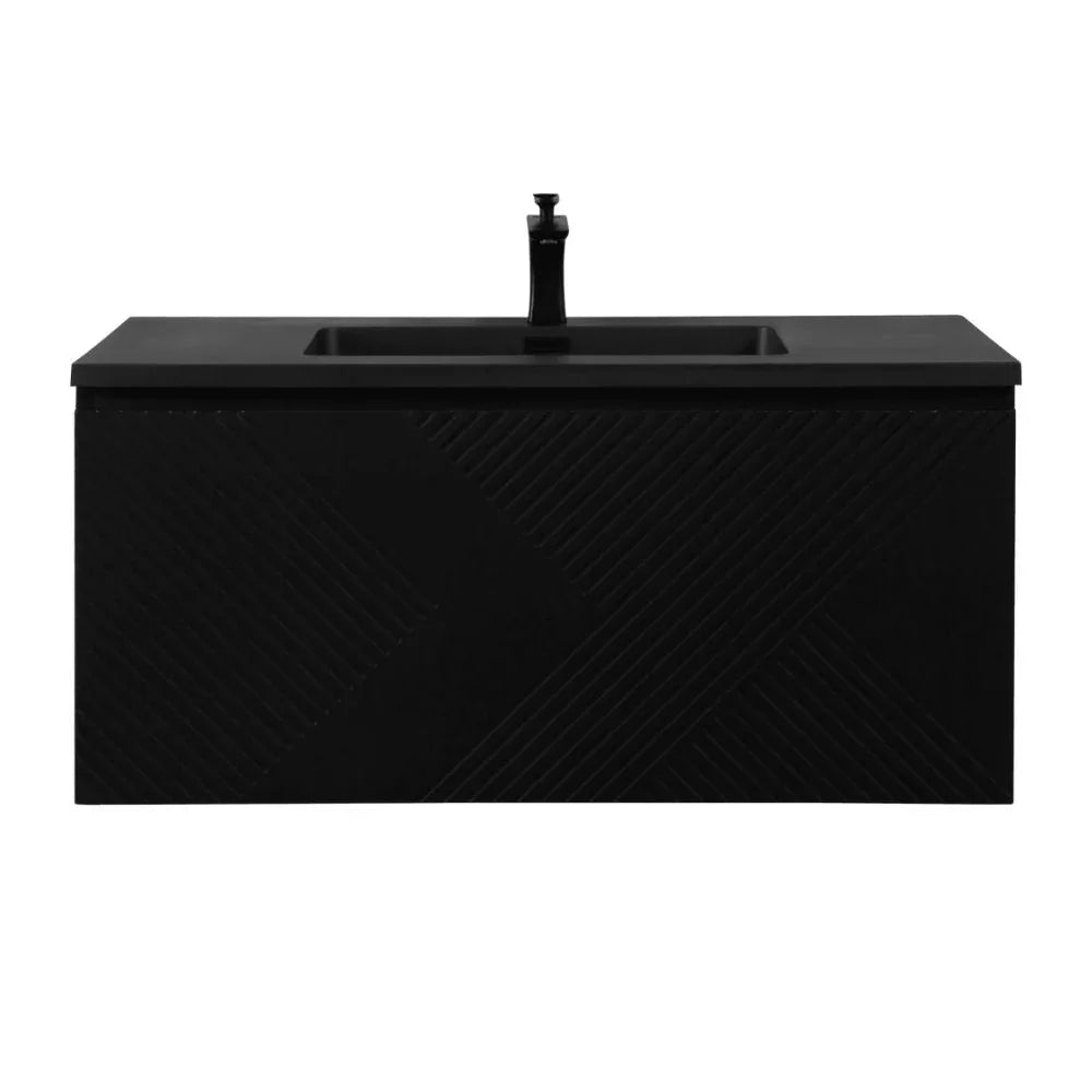 40" Black Wall Mount Bathroom Vanity with Black Engineered Quartz Countertop Roxboro