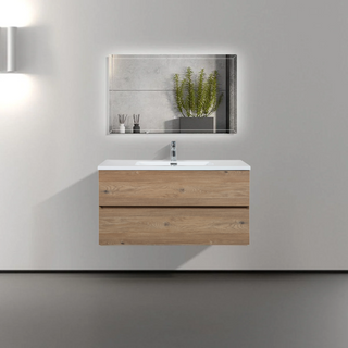 40" Rough Oak Wall Mount Single Sink Bathroom Vanity with White Polymarble Countertop