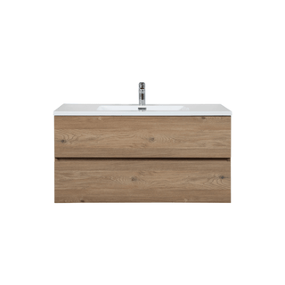 40" Rough Oak Wall Mount Single Sink Bathroom Vanity with White Polymarble Countertop