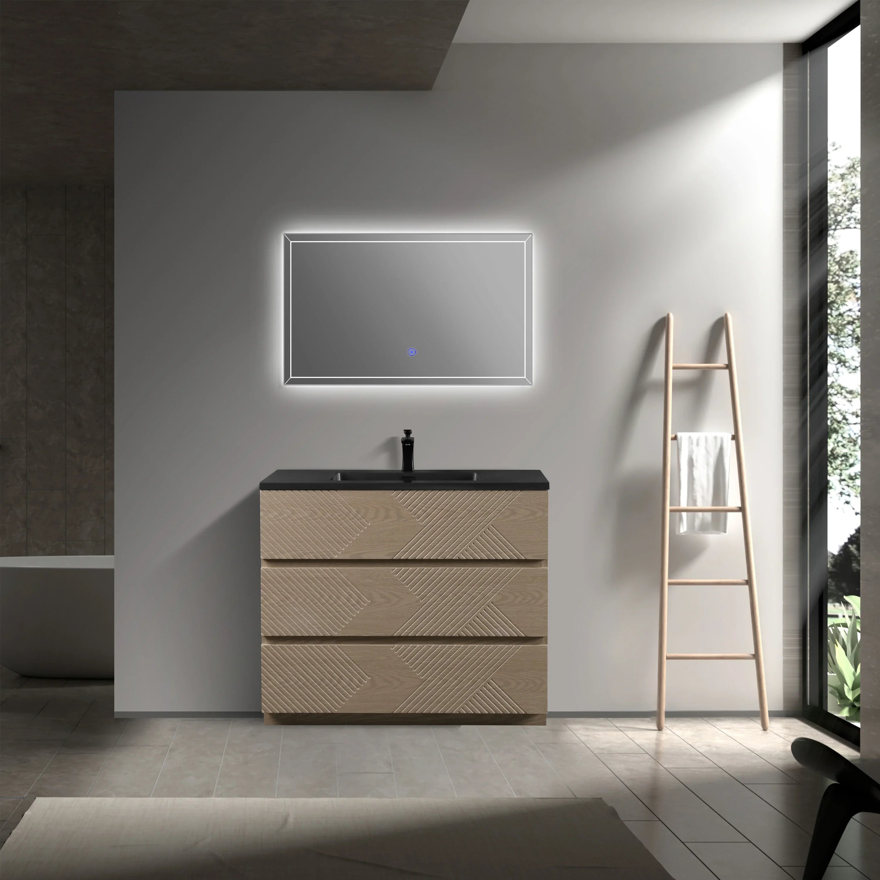 Meuble-Lavabo Autoportant 40po Chêne Taupe avec Comptoir de Quartz d'ingénierie Noir