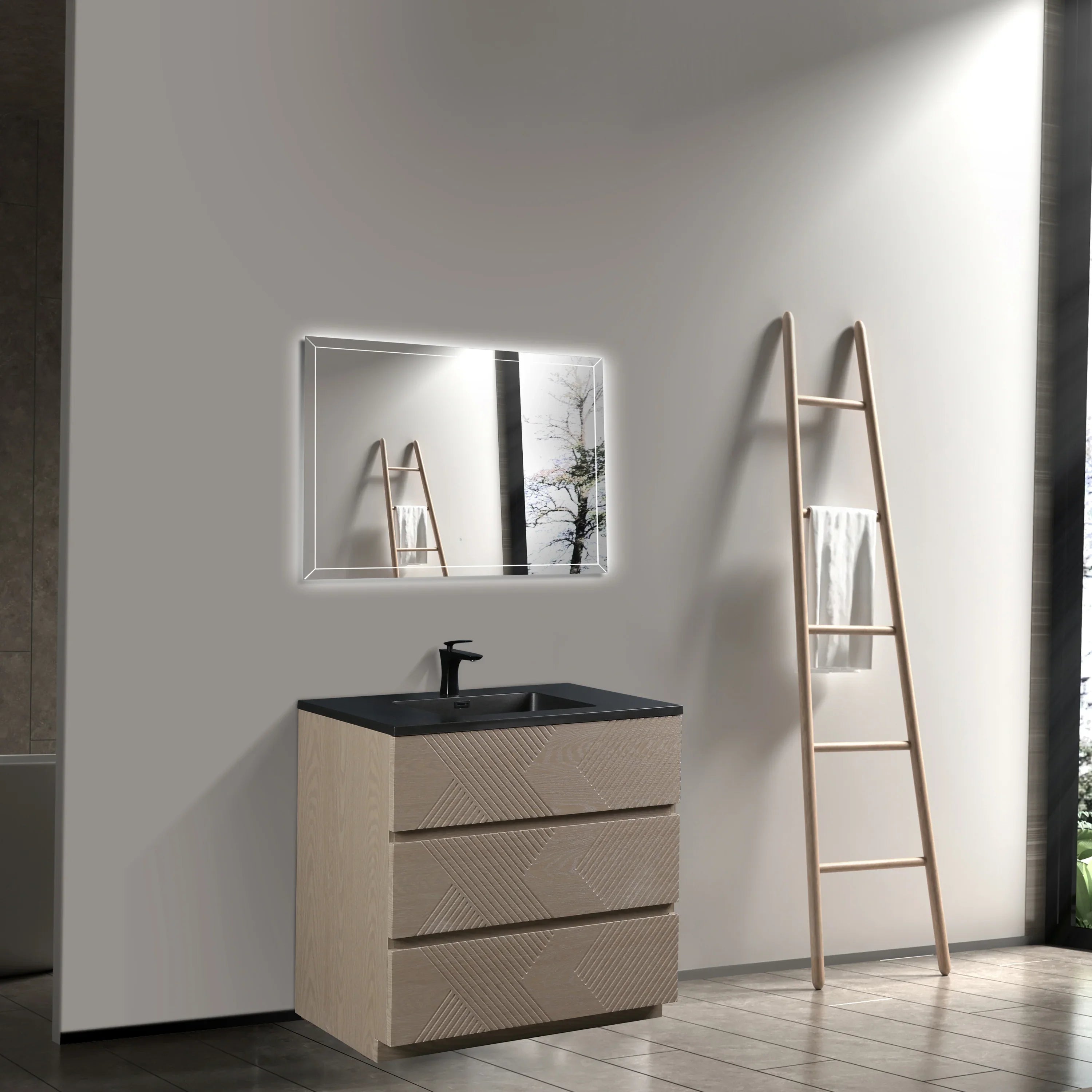 40" Taupe Oak Freestanding Vanity with Black Engineered Quartz Countertop