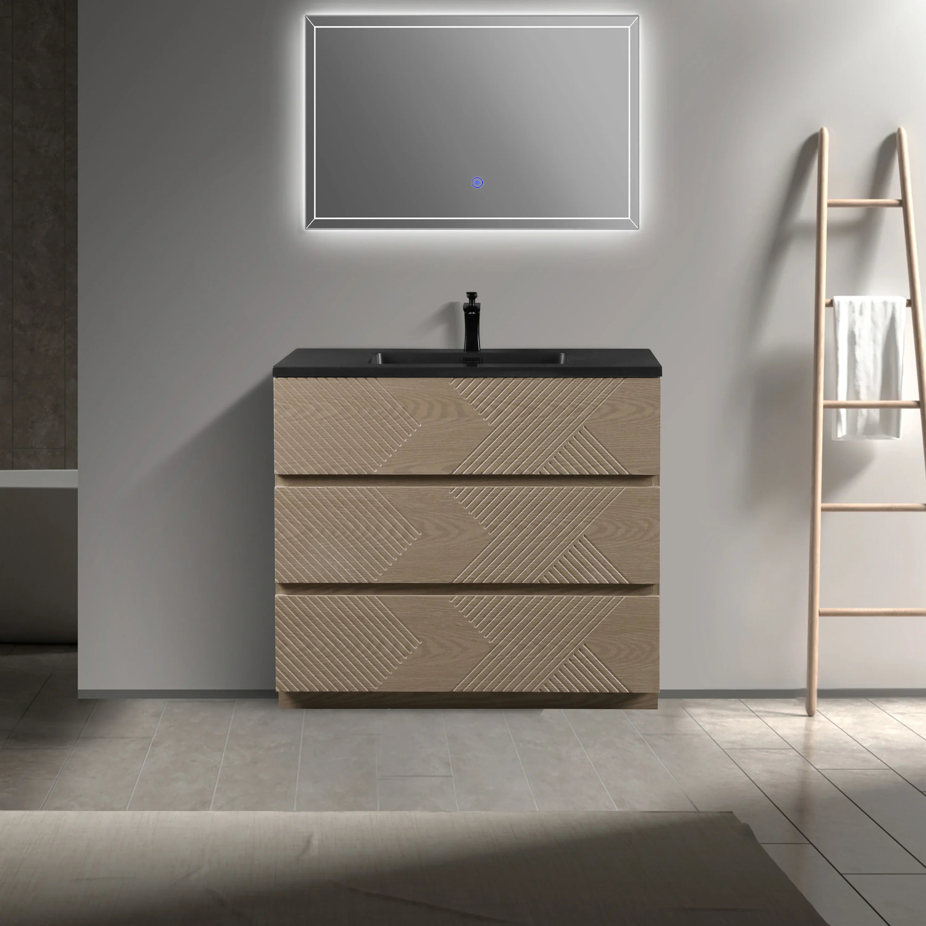 Meuble-Lavabo Autoportant 40po Chêne Taupe avec Comptoir de Quartz d'ingénierie Noir
