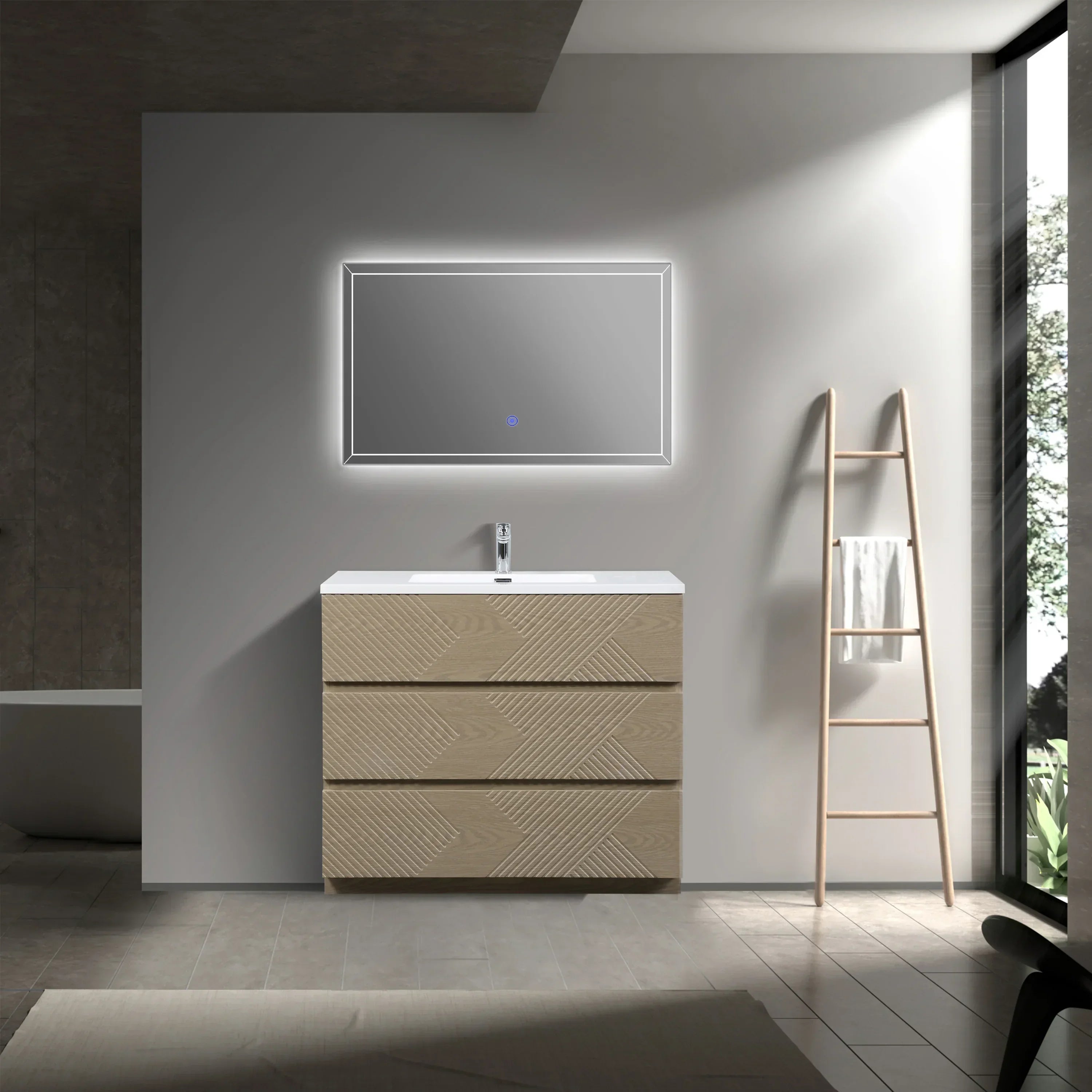 Meuble-Lavabo Autoportant 40po Chêne Taupe avec Comptoir de Polymarbre Blanc