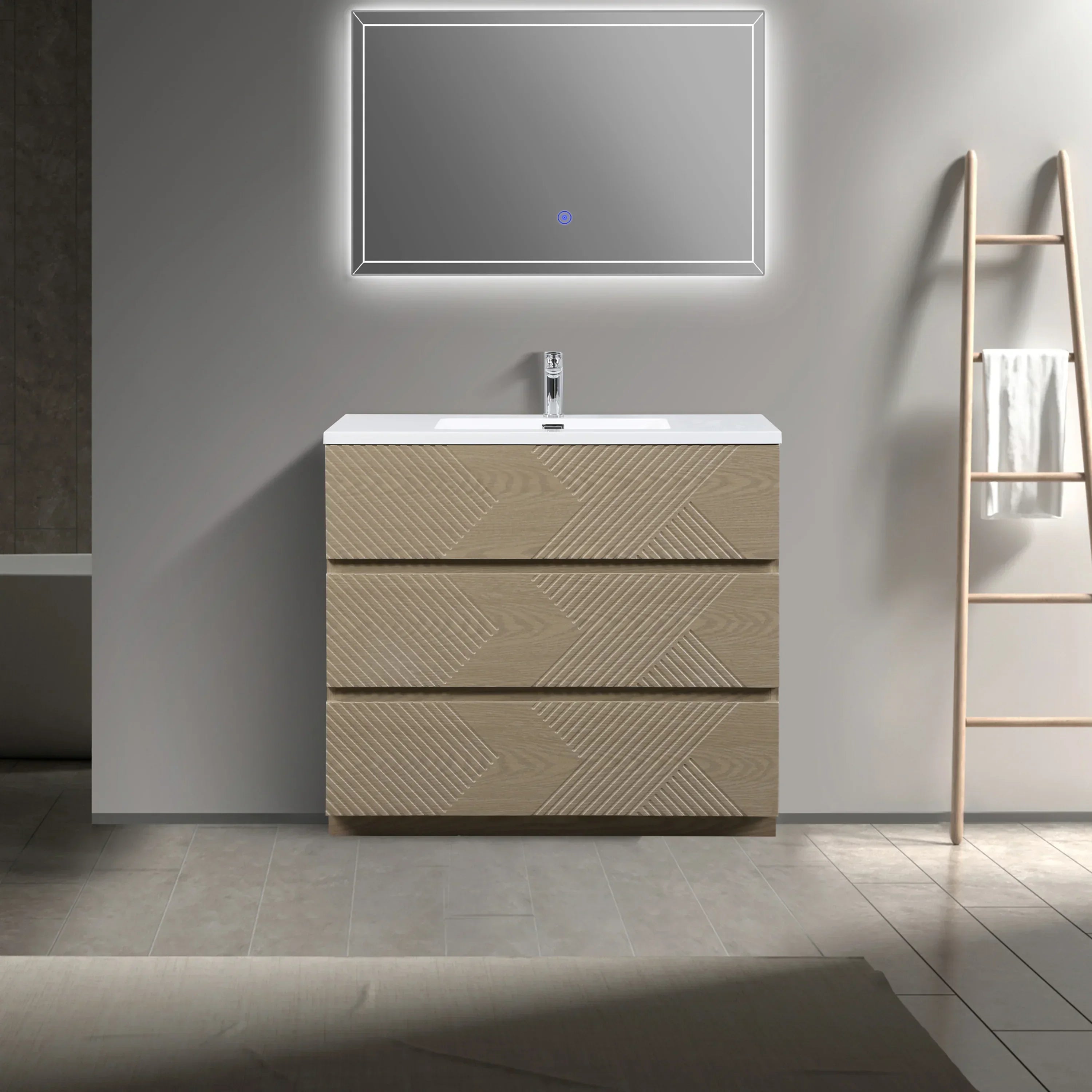 Meuble-Lavabo Autoportant 40po Chêne Taupe avec Comptoir de Polymarbre Blanc