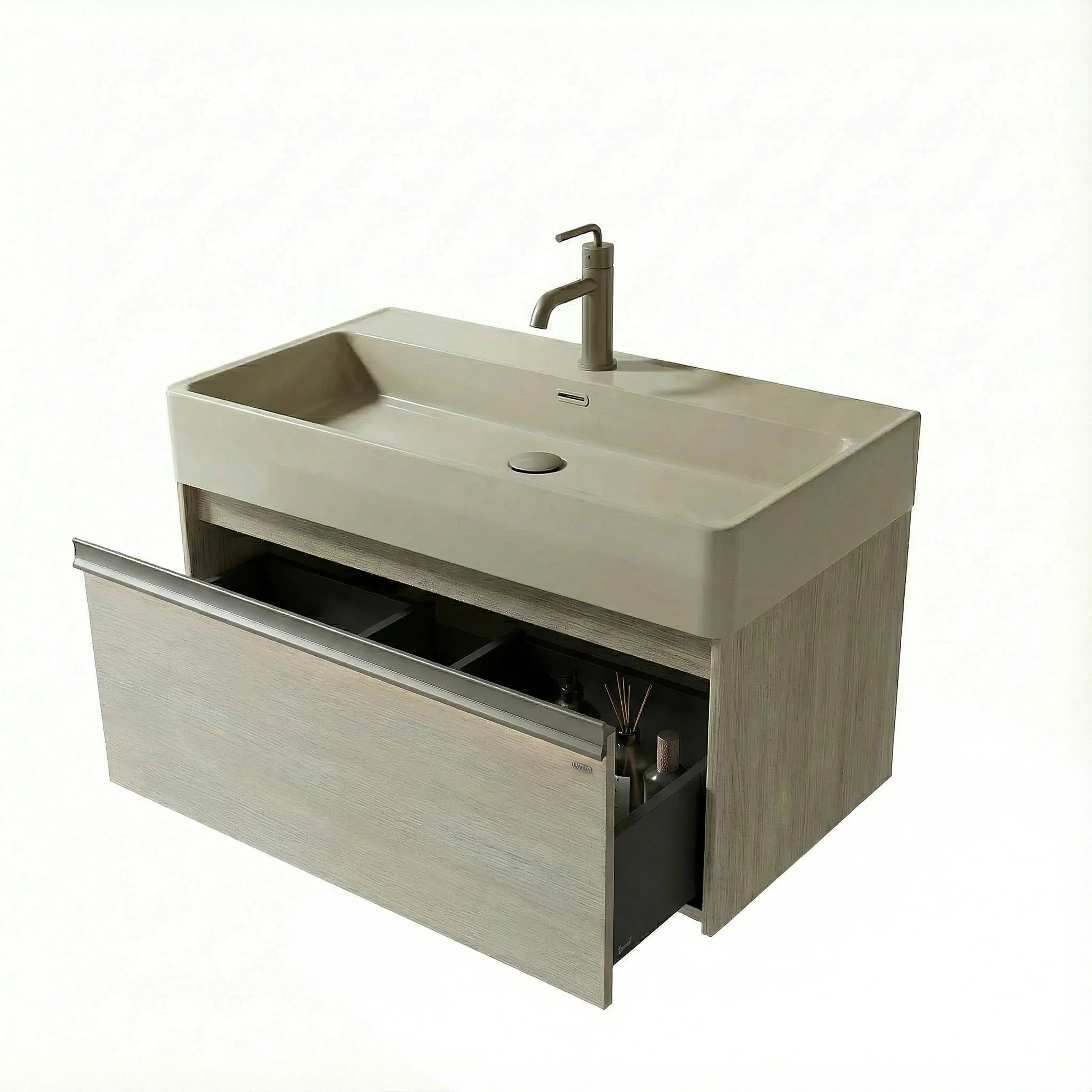 40" Taupe Wall Mount Vanity with Light Taupe Nano Solid Surface Integrated Countertop with Pop-up