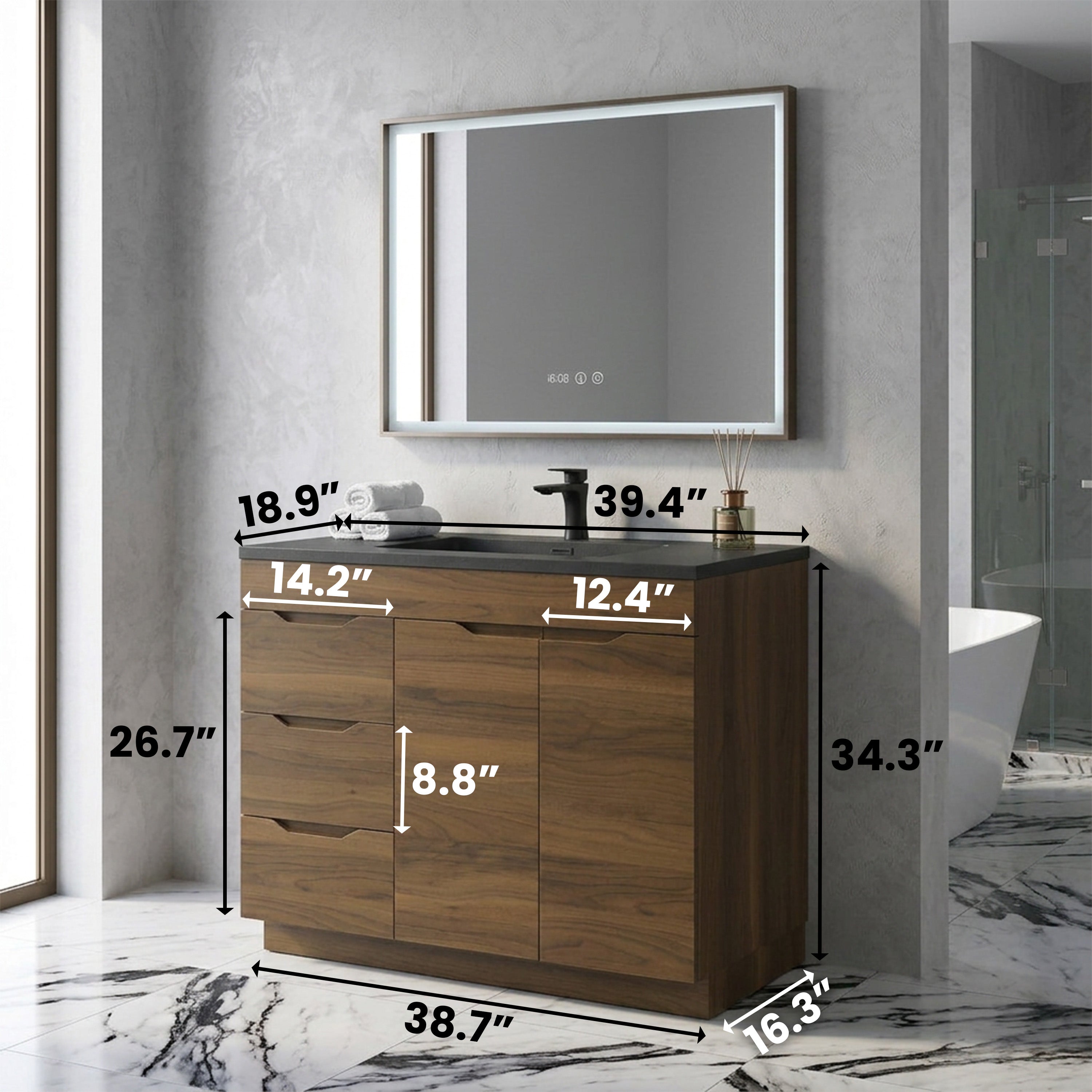 40 Inch Walnut Freestanding Bathroom Vanity with Black Engineered Quartz Countertop - Augusta Collection
