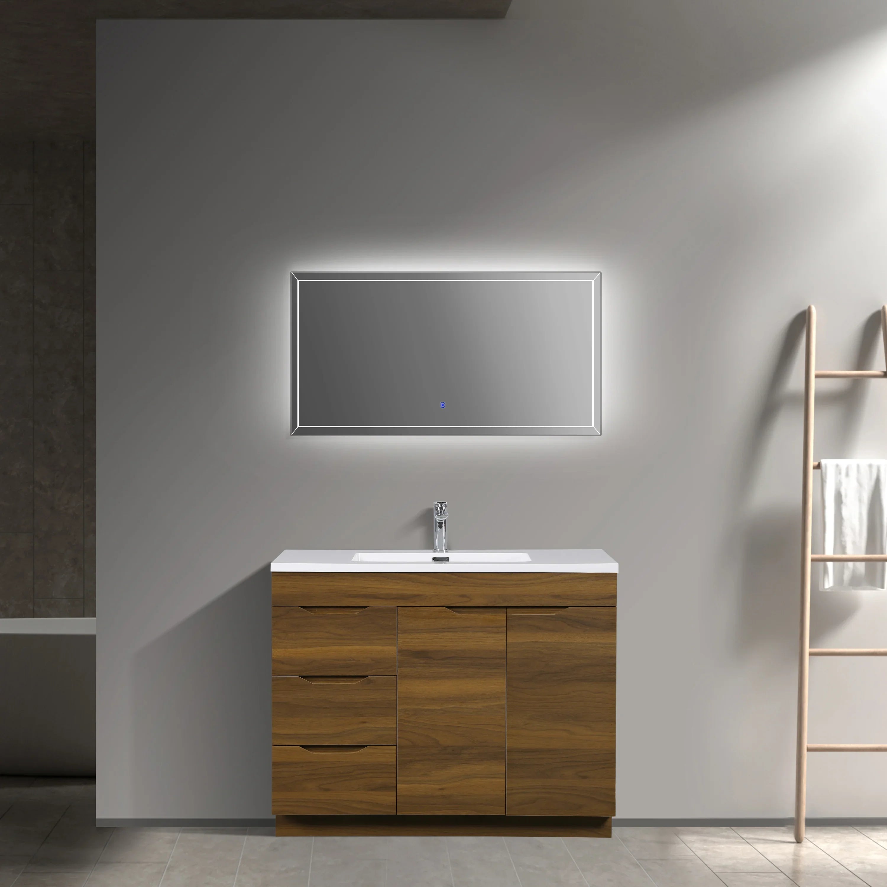 40 Inch Walnut Freestanding Vanity with White Polymarble Countertop - Augusta Collection