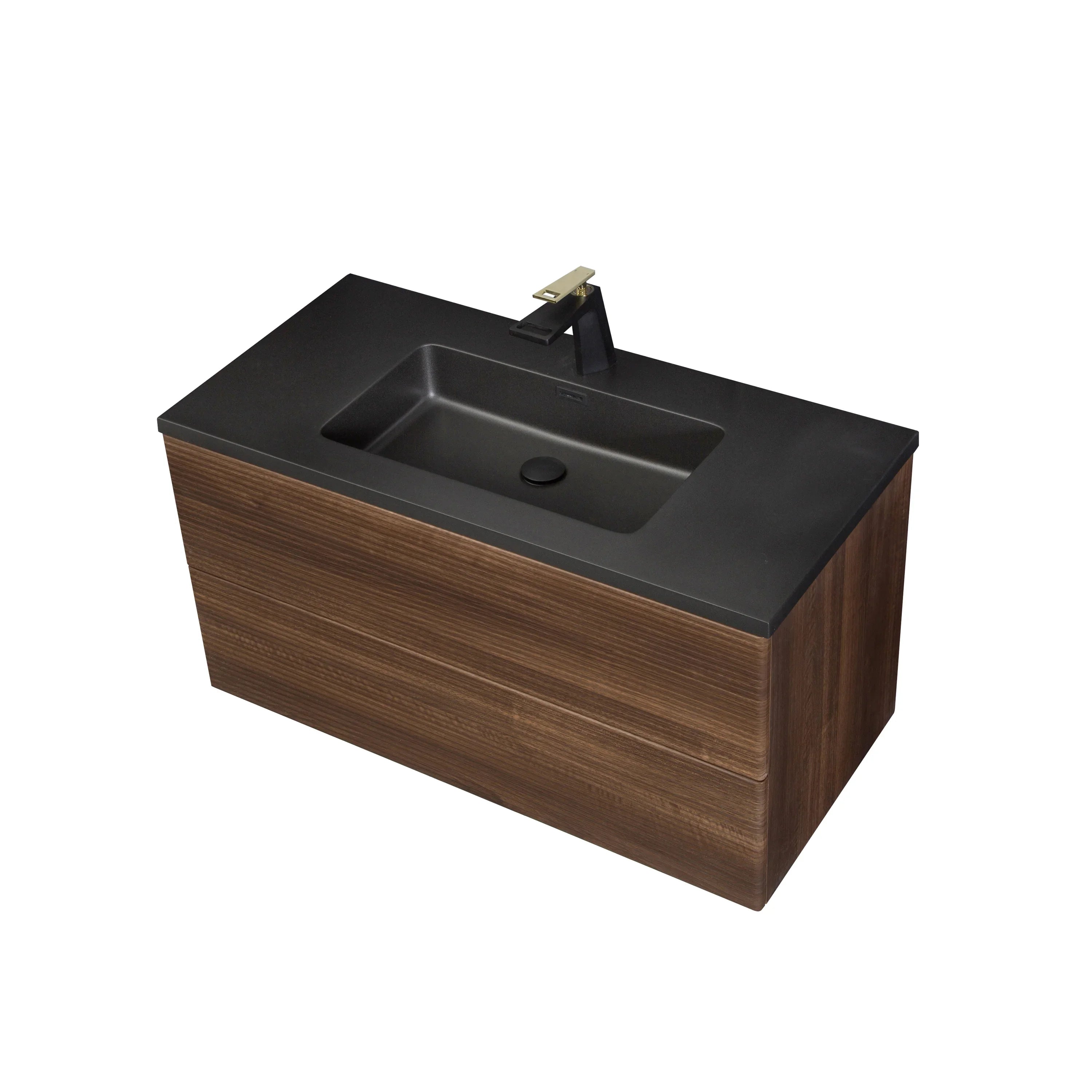 40" Walnut Wall Mount Bathroom Vanity with Black Engineered Quartz Countertop