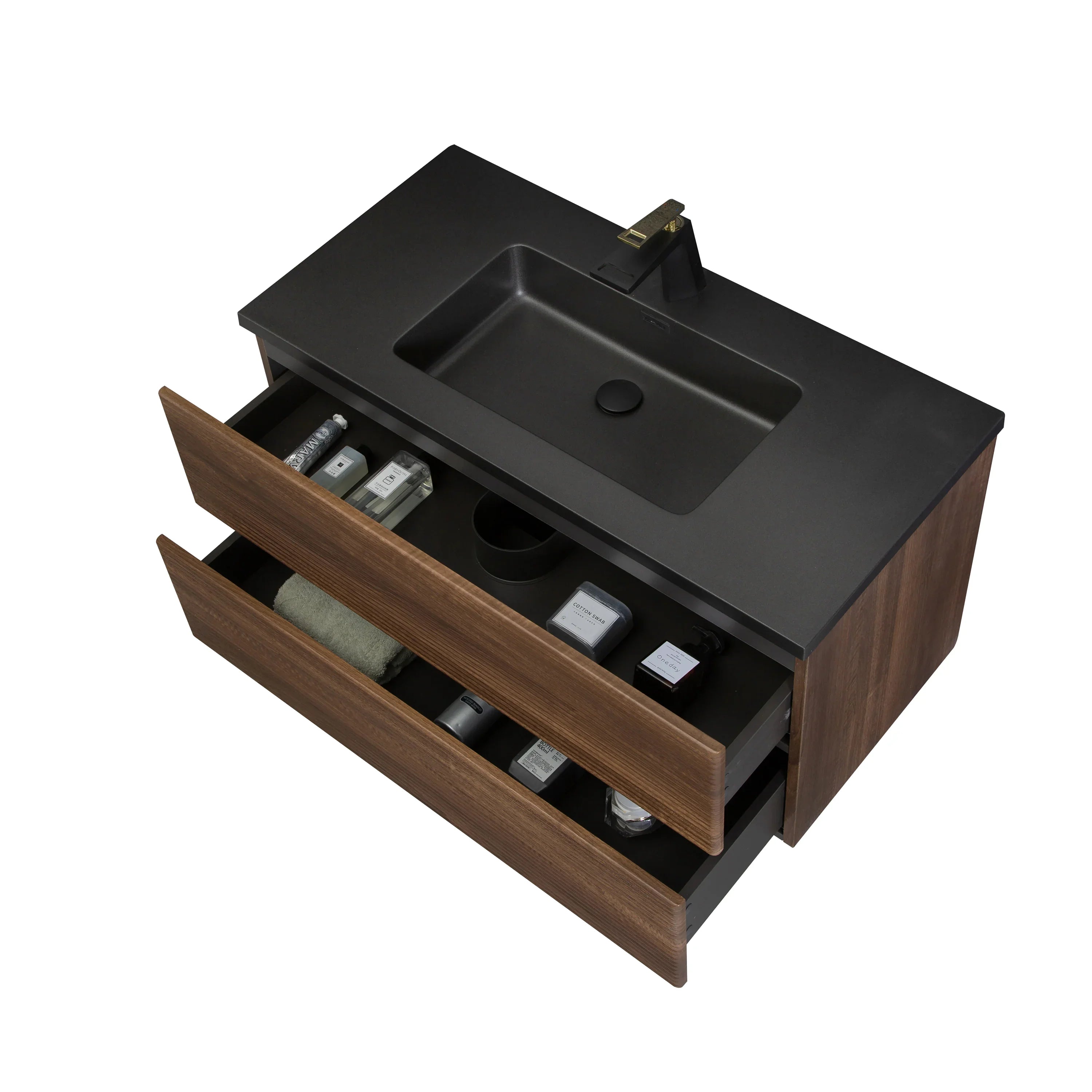 40" Walnut Wall Mount Bathroom Vanity with Black Engineered Quartz Countertop