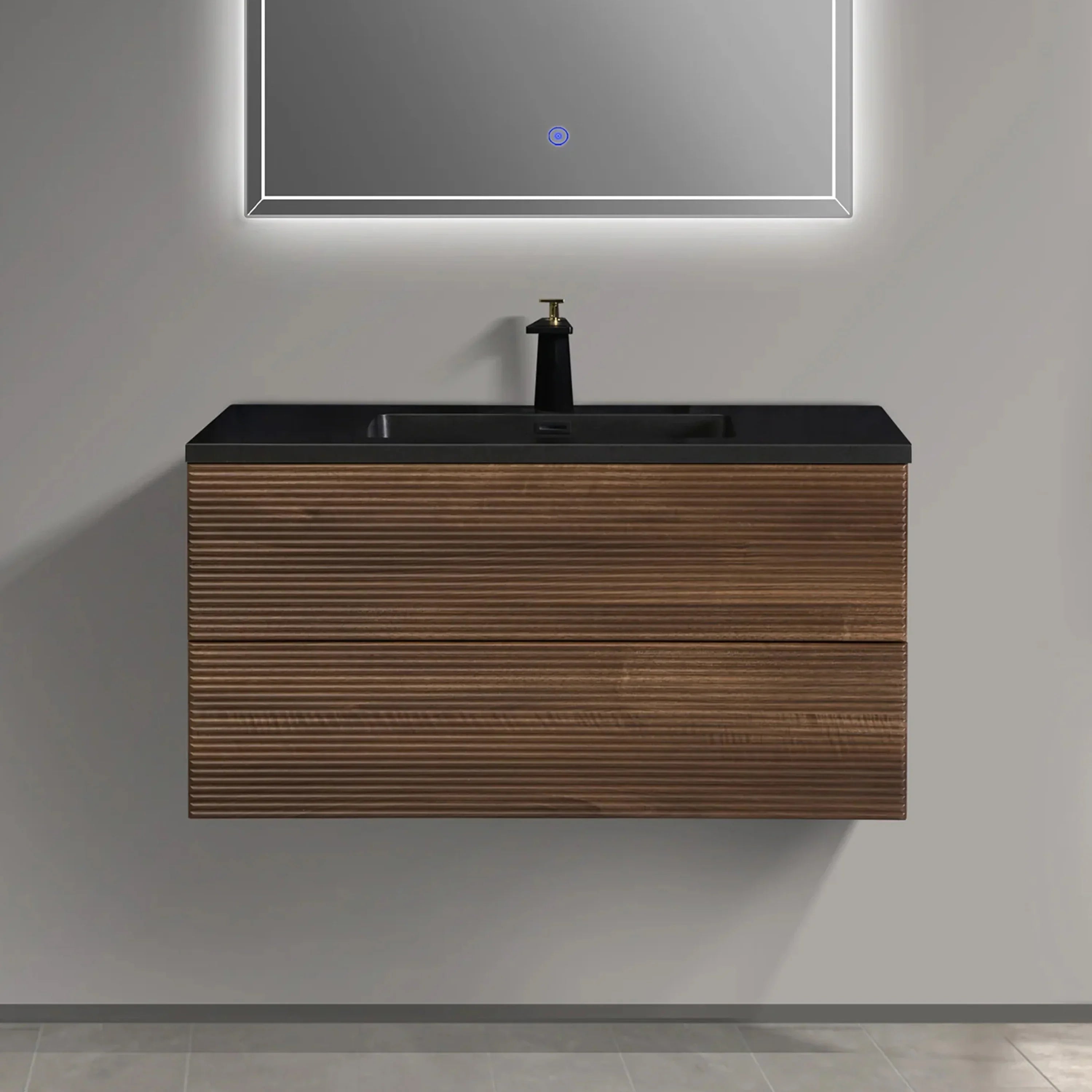 Meuble-Lavabo Mural 40po Noyer avec Comptoir de Quartz d'ingénierie Noir