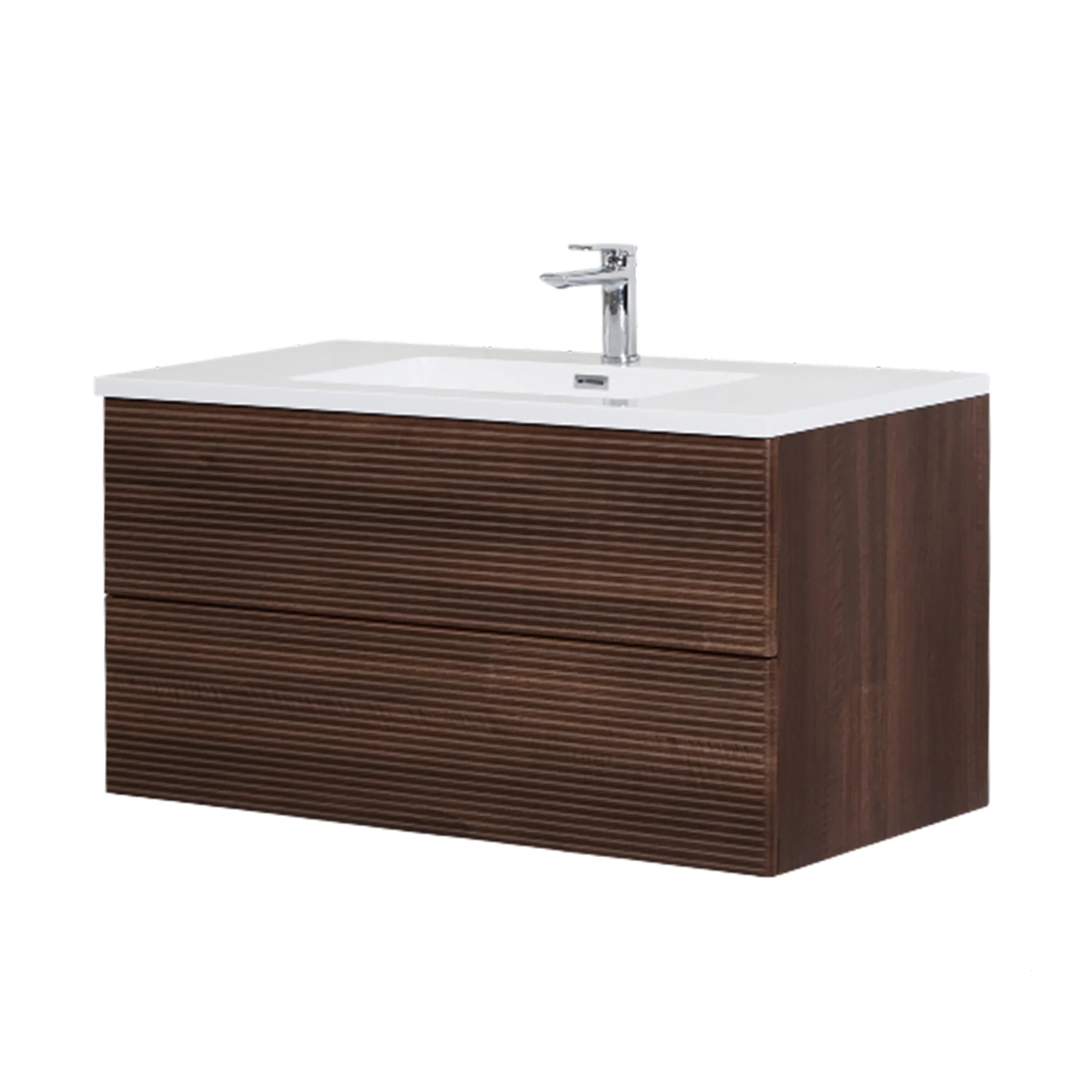 40" Walnut Wall Mount Bathroom Vanity with White Polymarble Countertop