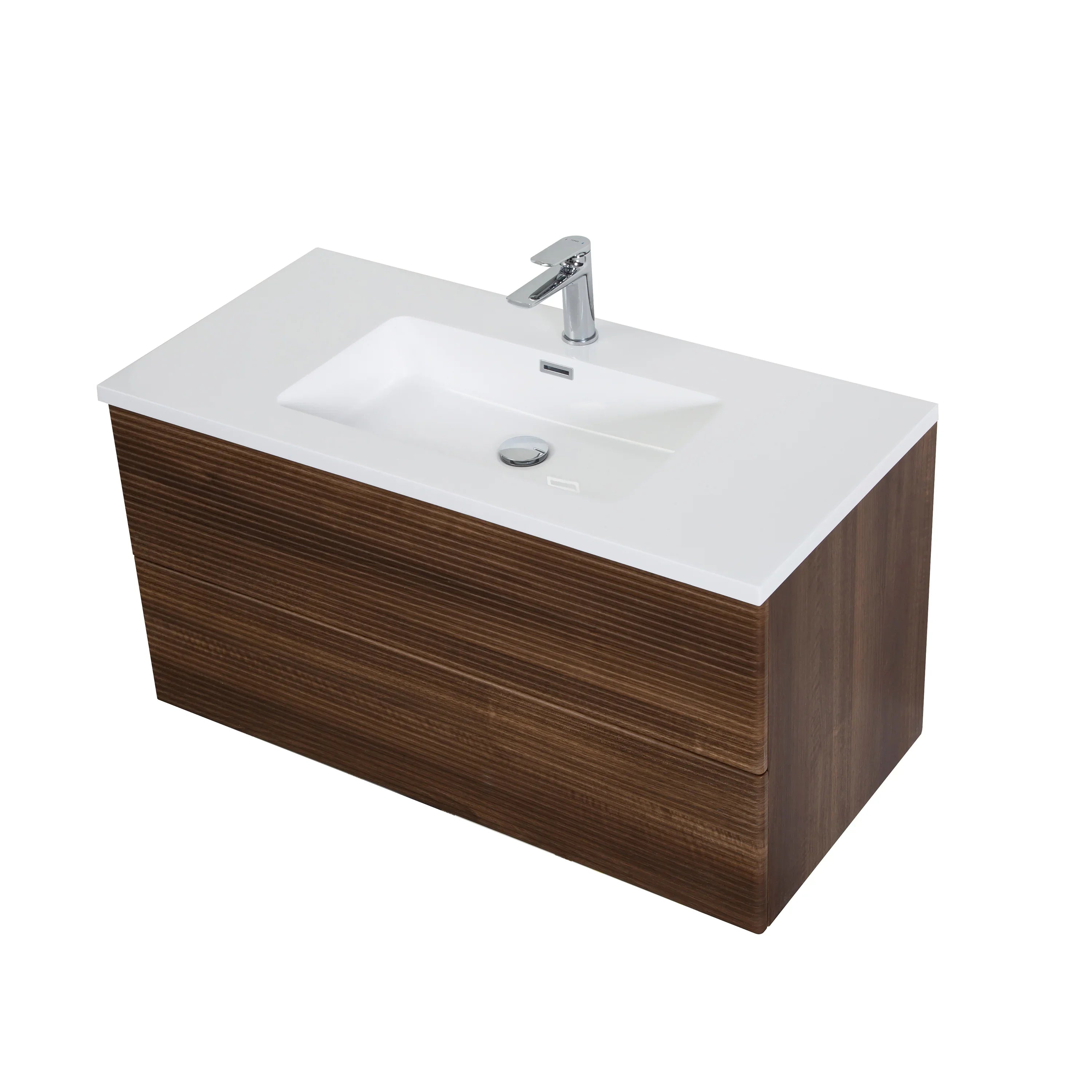 40" Walnut Wall Mount Bathroom Vanity with White Polymarble Countertop