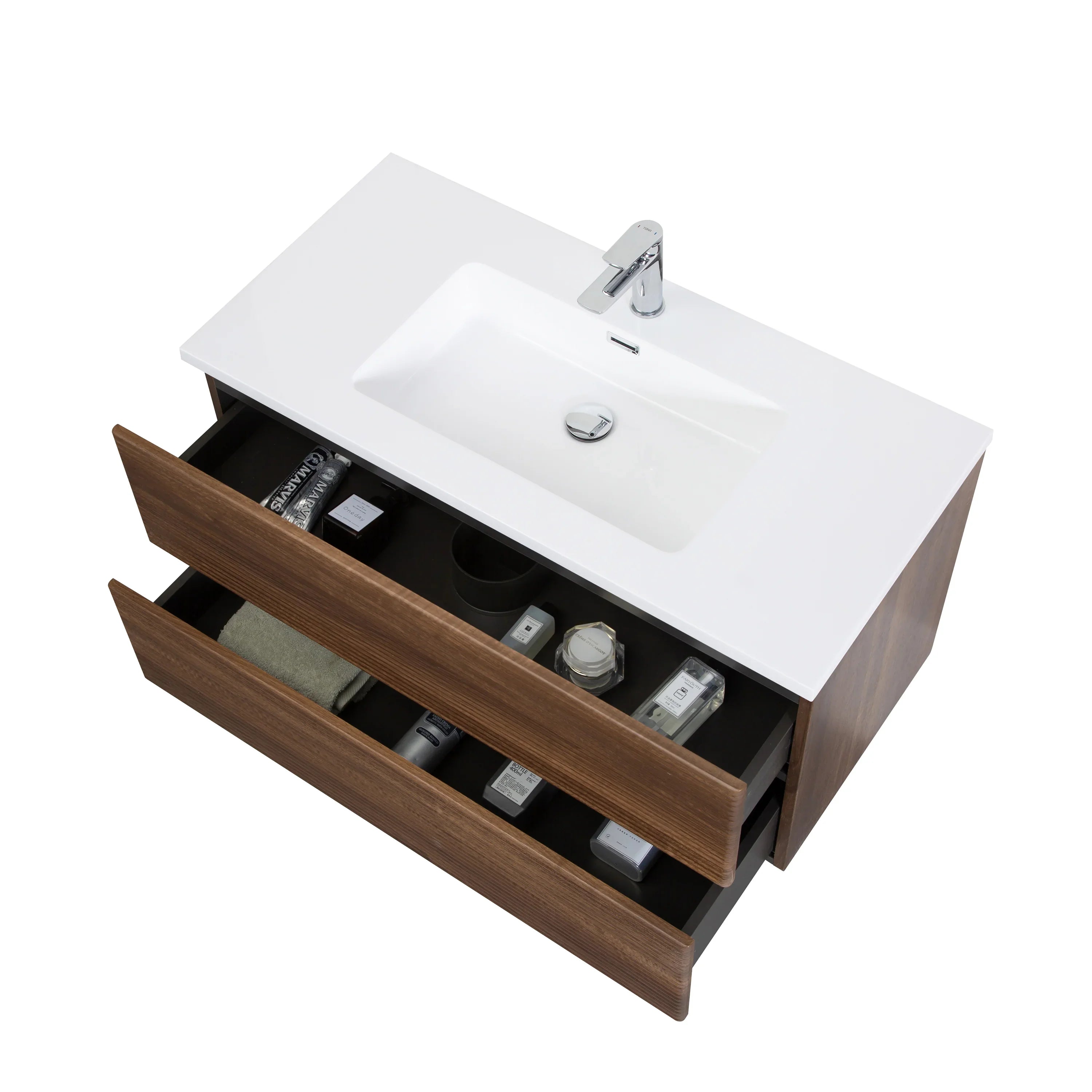 40" Walnut Wall Mount Bathroom Vanity with White Polymarble Countertop