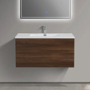 40" Walnut Wall Mount Bathroom Vanity with White Polymarble Countertop