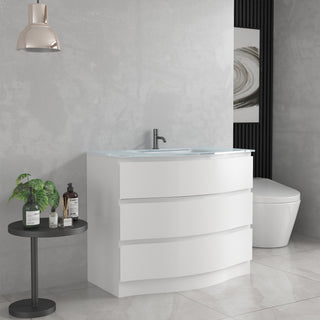 Meuble-Lavabo Autoportant 40po Blanc Mat avec Comptoir de Verre Blanc